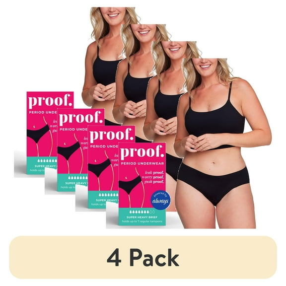 (4 pack) Proof Women's Super Heavy Absorbency, Brief Period Underwear, Black, Choose Your Size