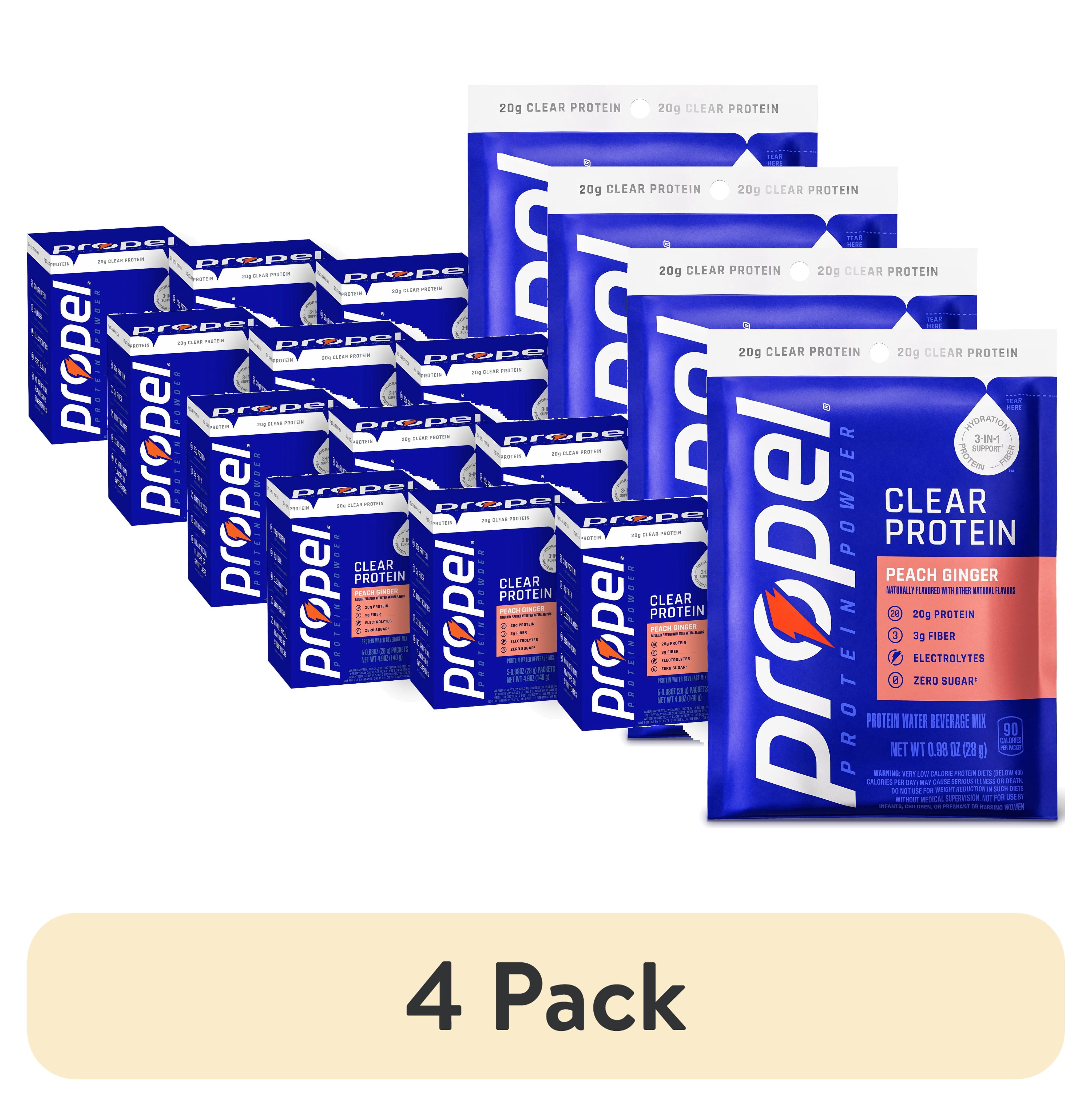 (4 pack) Propel Clear Protein Powder, Peach Ginger,(5 Servings), 3-in-1 GLP-1 Support: Hydration, 20g Protein, 3g Fiber, Zero Sugar, 90 Calories, No Added Colors, No Artificial Sweeteners or Flavors, 0.98 oz