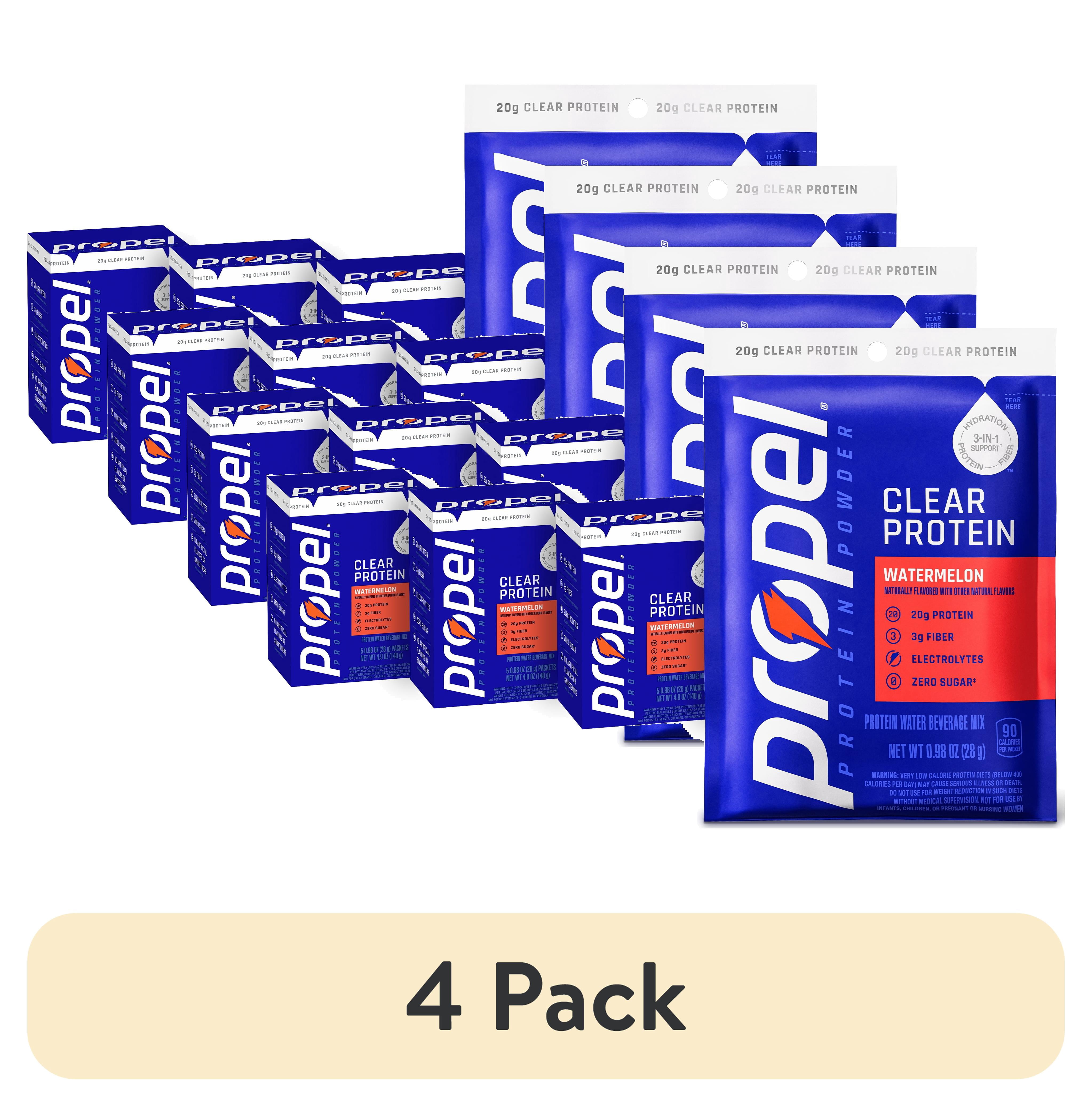 (4 pack) Propel Clear Protein Powder, Watermelon, (5 Servings), 3-in-1 GLP-1 Support: Hydration, 20g Protein, 3g Fiber, Zero Sugar, 90 Calories, No Added Colors, No Artificial Sweeteners or Flavors, 0.98 oz
