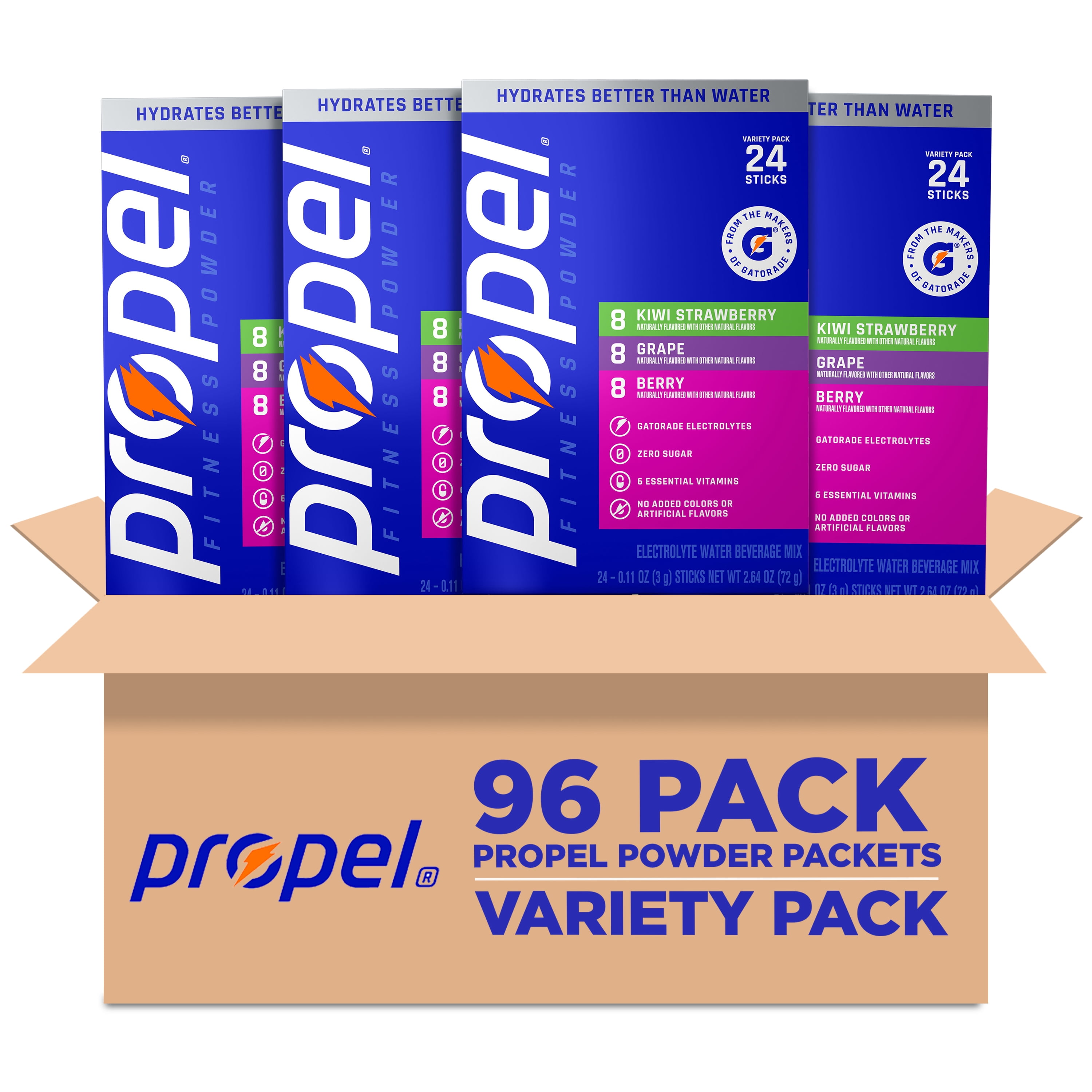 (4 pack) Propel Zero Sugar Berry, Grape and Kiwi Strawberry, On the Go Packs, Electrolyte Powder Drink Mix, 0.11 oz, 24 Count packets