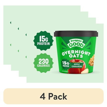 (4 pack) Proper Good Apple Cinnamon Overnight Oats, 15g Protein, Shelf-Stable, 2.2 oz Tub