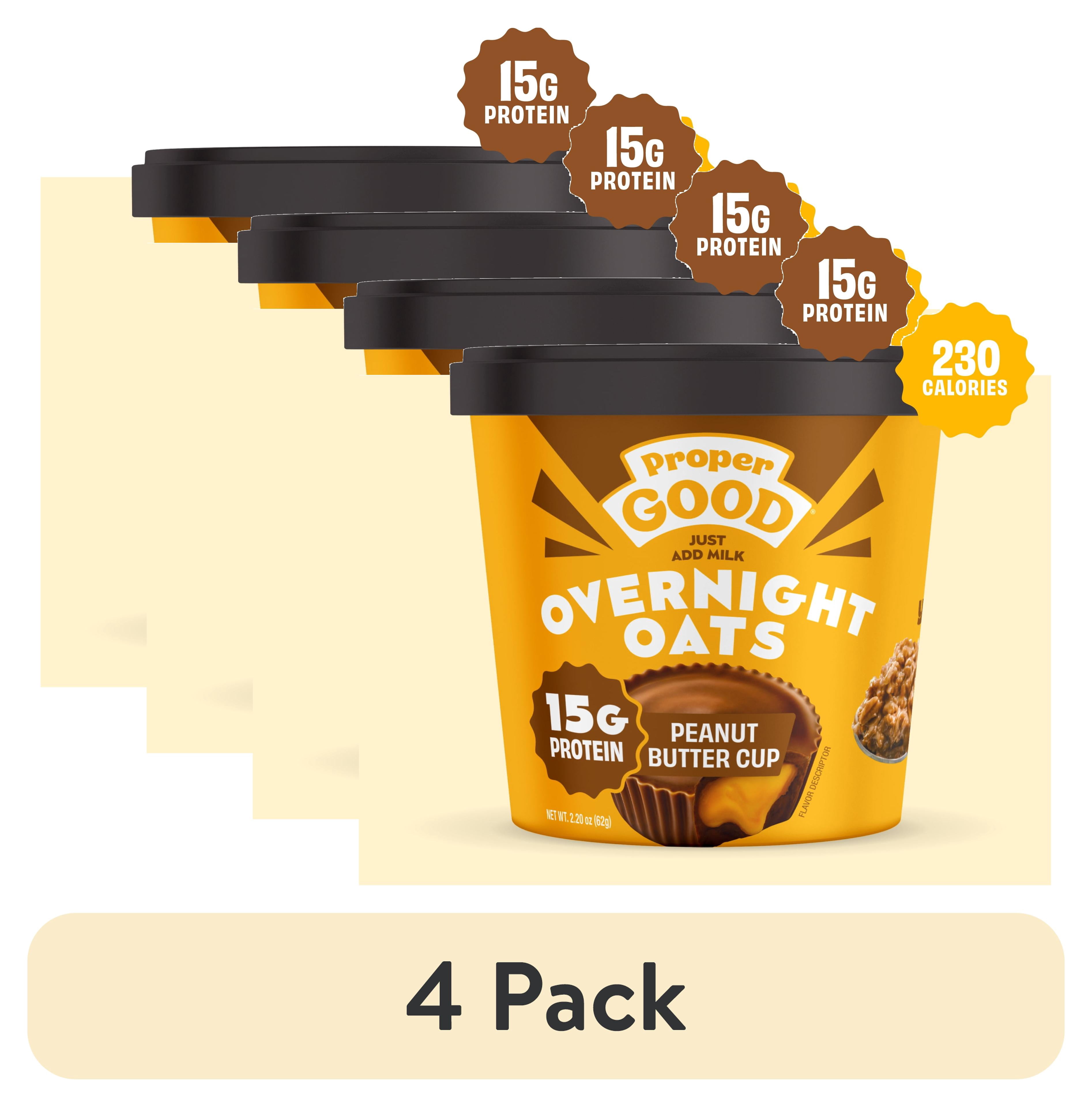 (4 pack) Proper Good Peanut Butter Cup Overnight Oats, 15g Protein, Shelf-Stable 2.2 oz Tub
