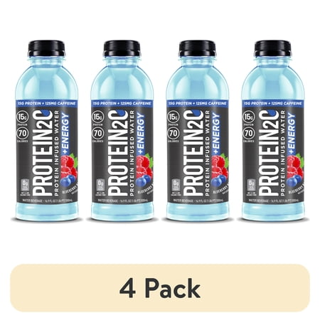 (4 pack) Protein2o + Energy, Protein Infused Water, Blueberry Raspberry, 15g Protein, 12 Ct