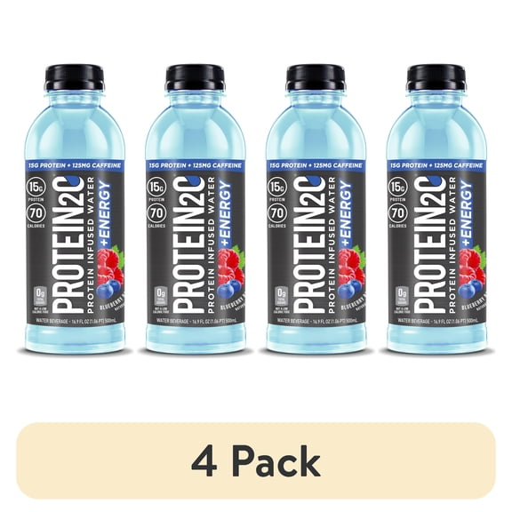 (4 pack) Protein2o + Energy, Protein Infused Water, Blueberry Raspberry, 15g Protein, 12 Ct