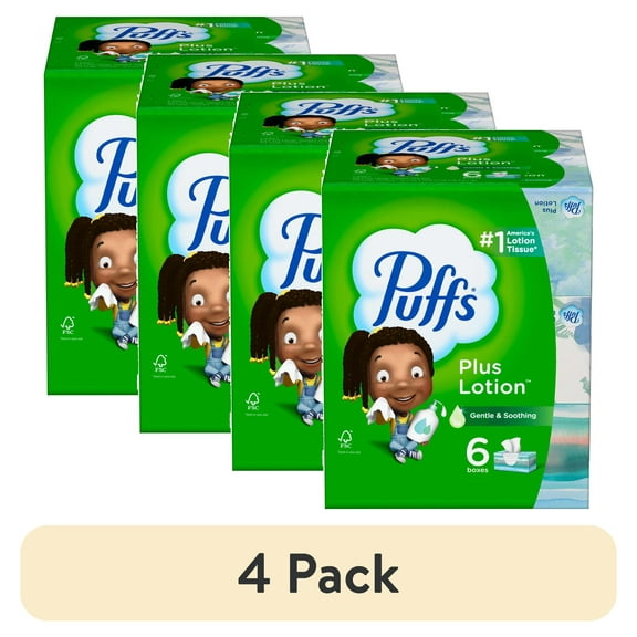 (4 pack) Puffs Plus Lotion Facial Tissue, 6 Family Boxes, 124 Tissues Per Box