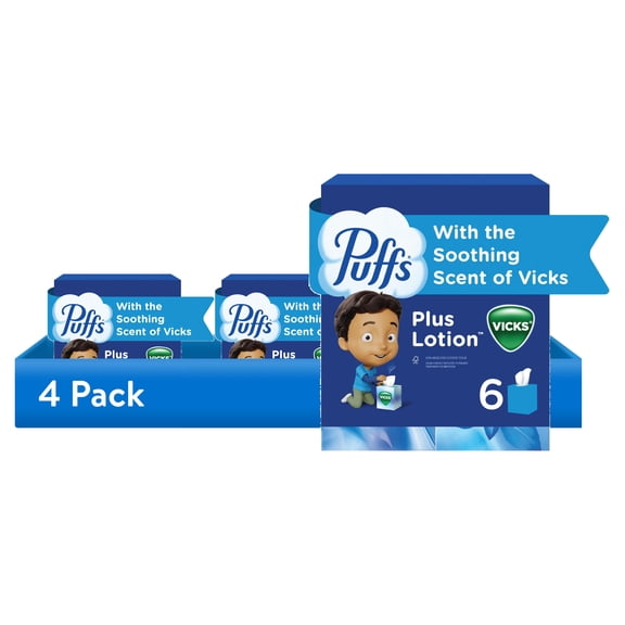 (4 pack) Puffs Plus Lotion Facial Tissue with the Scent of Vicks , 6 Count