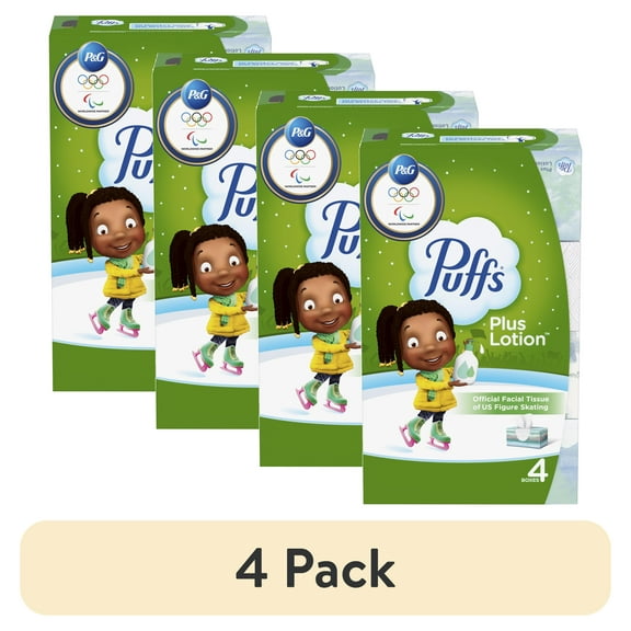 (4 pack) Puffs Plus Lotion Facial Tissues, 4 Family Boxes, 124 tissues per box