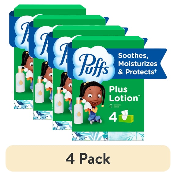 (4 pack) Puffs Plus Lotion Facial Tissues, 4 Family Boxes, 124 tissues per box