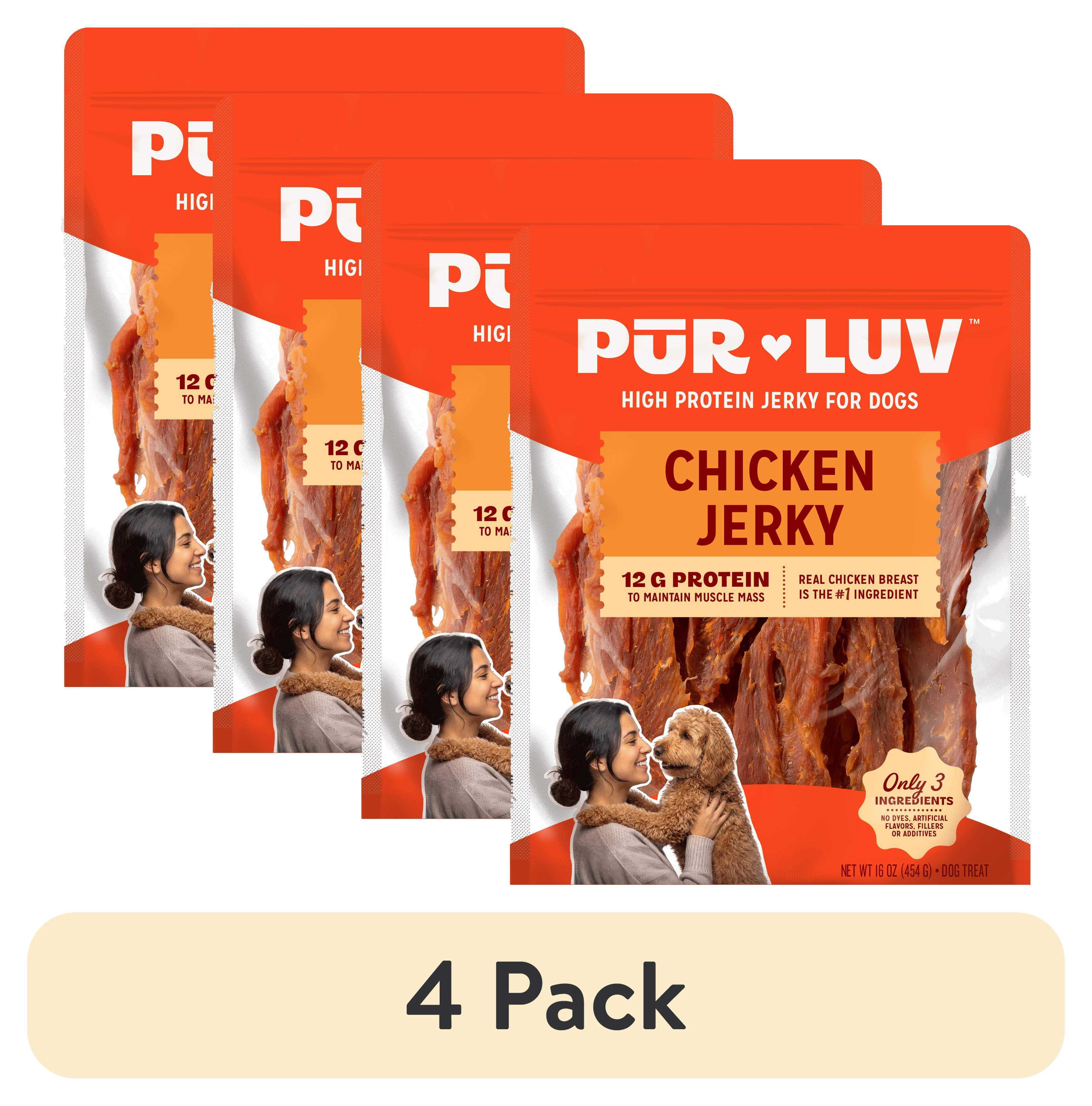 (4 pack) Pur Luv Chicken Jerky Dog Treats for Dogs, Rawhide-Free, Made with Real Chicken Breast, Healthy, Long-lasting and Great Tasting Treat, No Artificial Flavors, Satisfies Dog's Urge to Chew, 16 oz