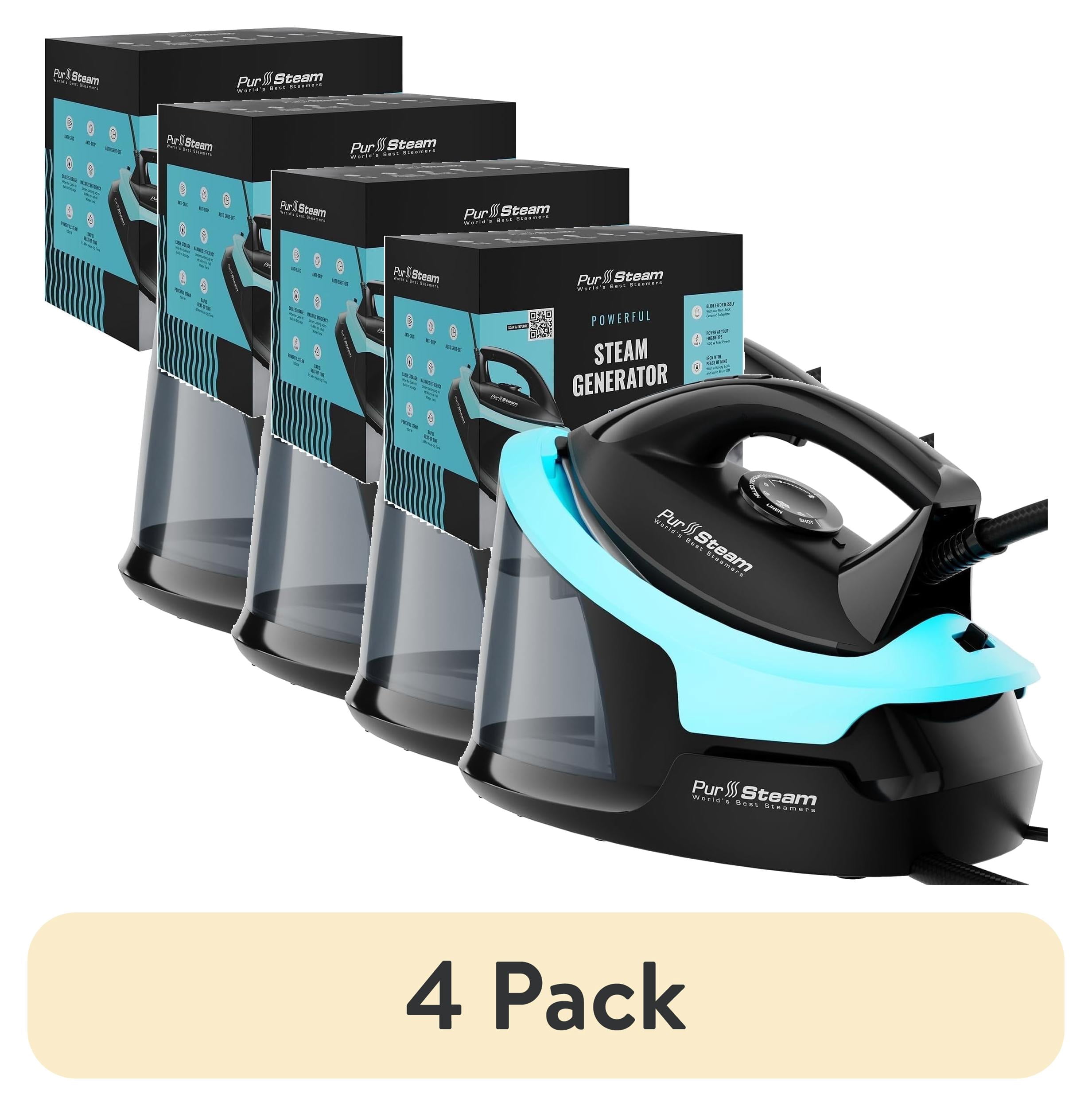(4 pack) PurSteam Steam Iron Station Max for Clothes, Powerful 1700W, Ceramic Soleplate, 50.7 oz Removable Water Tank, Auto Shut-off, Anti-Drip, Black