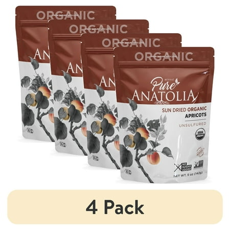 (4 pack) Pure Anatolia Organic Sun-Dried Apricot, 100% Turkish, 5oz Pouch
