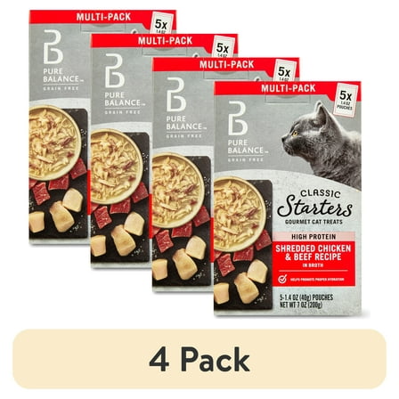 (4 pack) Pure Balance Gourmet Cat Treat Starters, Shredded Chicken & Beef Recipe, 1.4 Oz, 5 Pack
