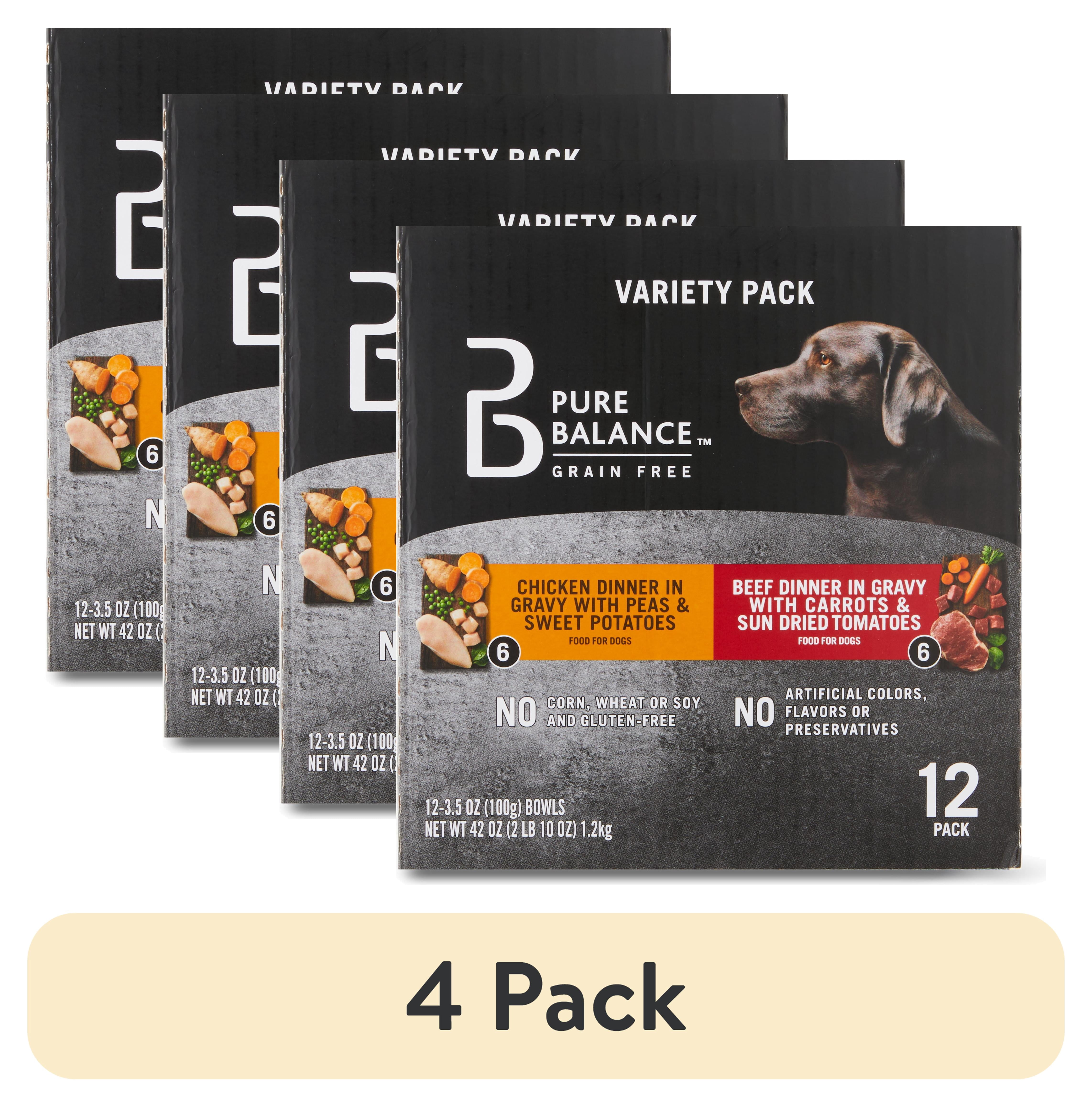 (4 pack) Pure Balance Grain Free Chicken Dinner in Gravy & Beef Dinner in Gravy Wet Dog Food Variety Pack, 3.5 oz, 12 Pack