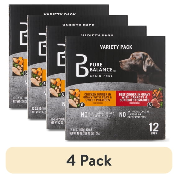 (4 pack) Pure Balance Grain Free Chicken Dinner in Gravy & Beef Dinner in Gravy Wet Dog Food Variety Pack, 3.5 oz, 12 Count