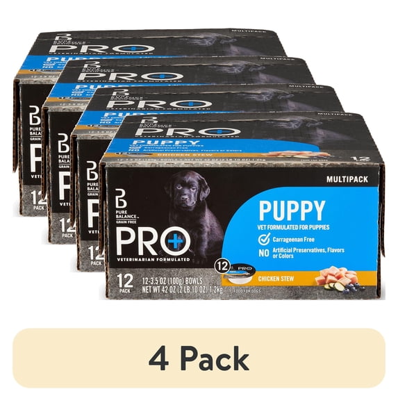 (4 pack) Pure Balance Pro+ 3.5oz 12ct MP - Puppy Wet Dog Food Variety Pack, 3.5 oz Bowls (12 Pack)