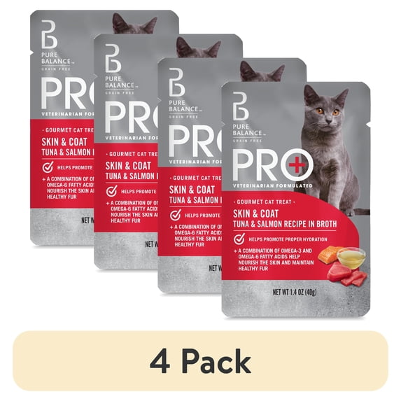 (4 pack) Pure Balance Pro+ Skin and Coat Tuna and Salmon Recipe in Broth, 1.4 oz