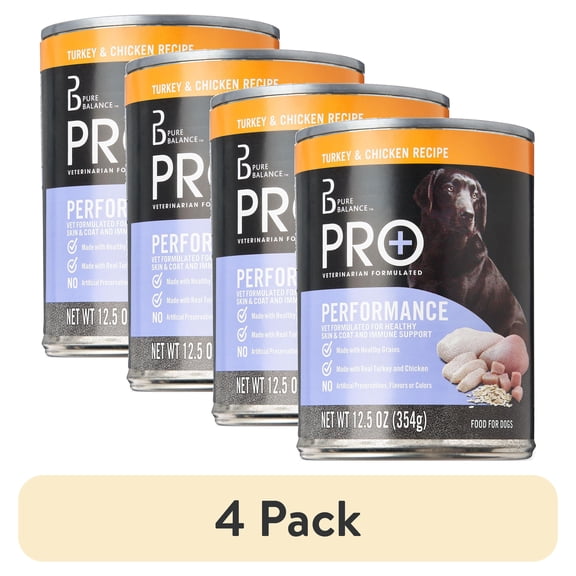 (4 pack) Pure Balance Pro+ Turkey and Chicken Recipe Wet Dog Food for Performance, 12.5 oz Can