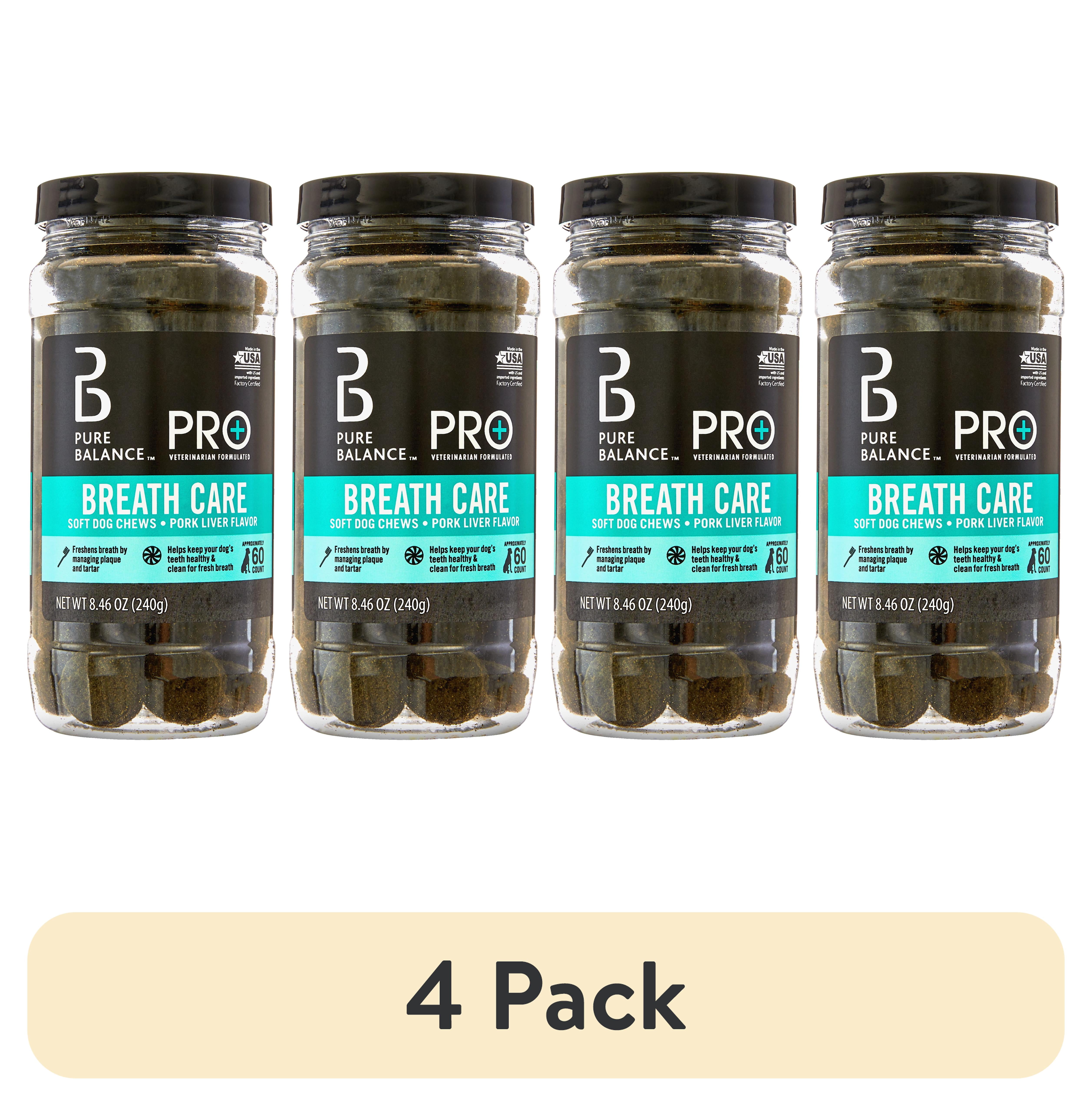 (4 pack) Pure Balance Pro+ Veterinarian Formulated Breath Care for Dogs, Plaque and Tartar Fighting, Pork Liver Flavor, 60 Count Soft Chews