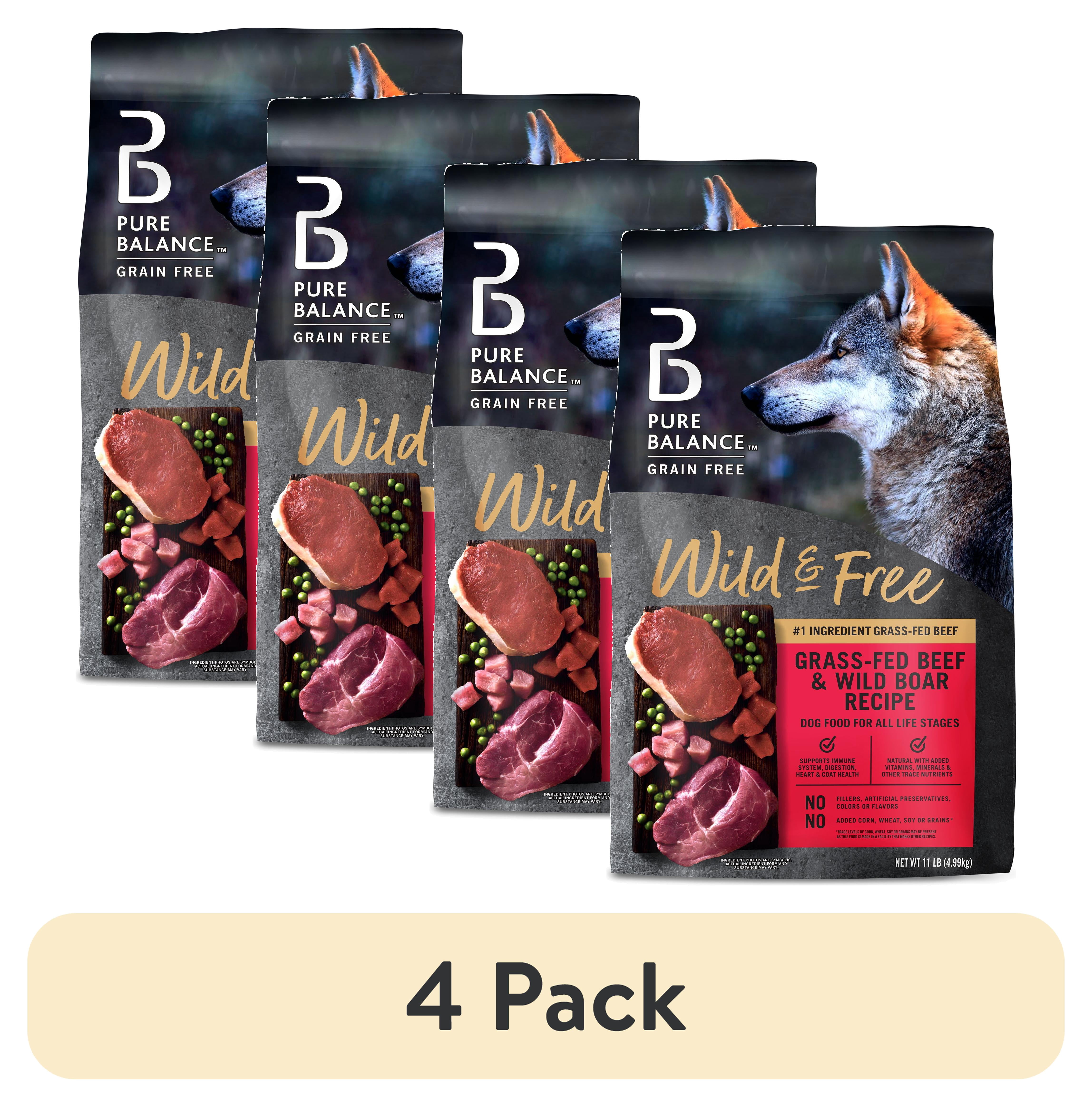 (4 pack) Pure Balance Wild & Free Grain-Free Beef & Wild Boar Recipe Dry Dog Food, 11 lb