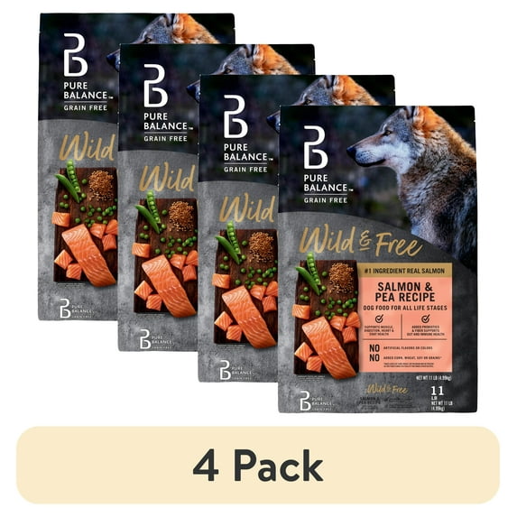 (4 pack) Pure Balance Wild & Free Grain-Free Salmon & Pea Recipe Dry Dog Food, 11 lbs
