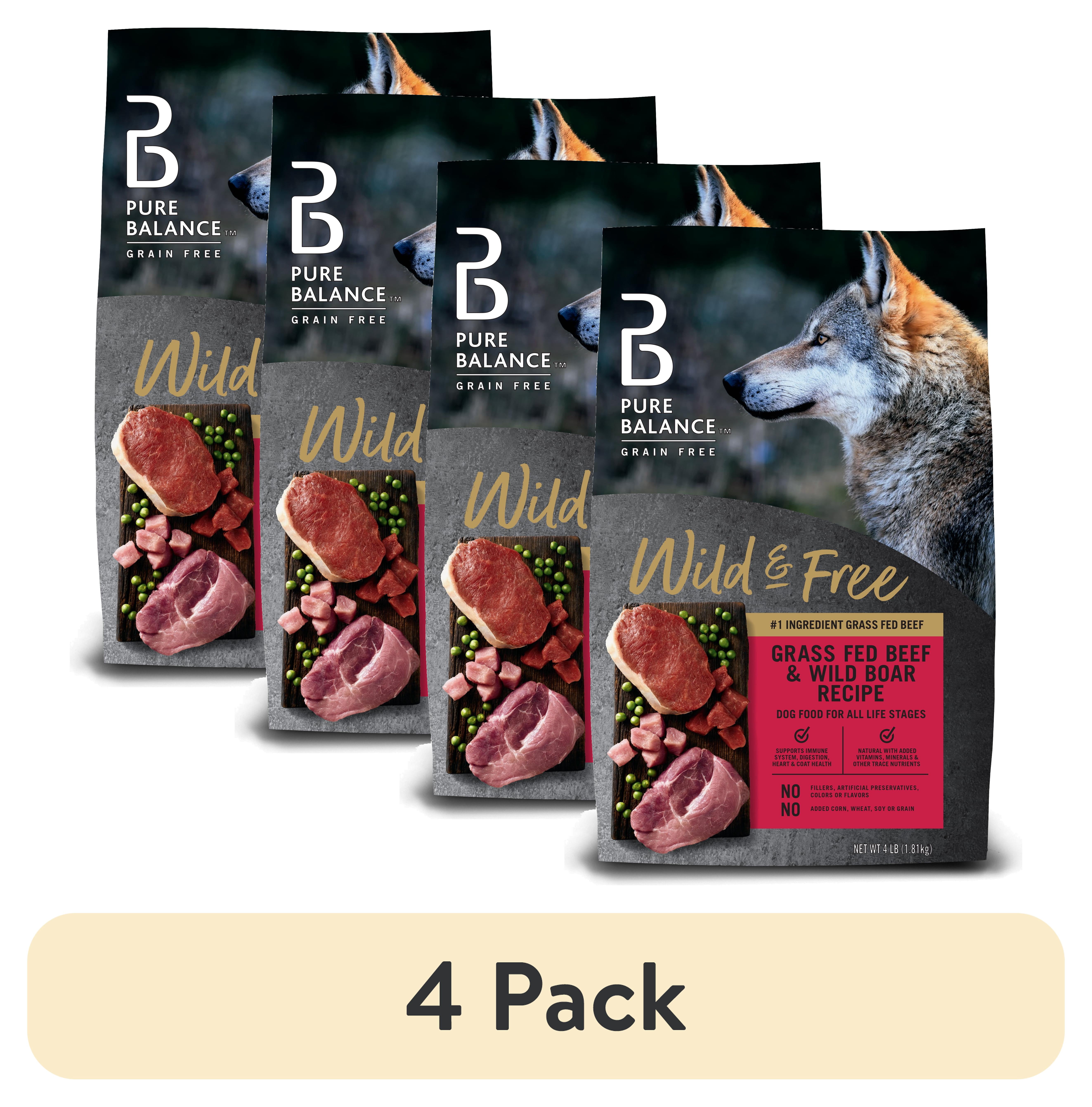 (4 pack) Pure Balance Wild and Free Grass Fed Beef and Wild Boar Recipe Grain Free Dry Dog Food, 4 lb