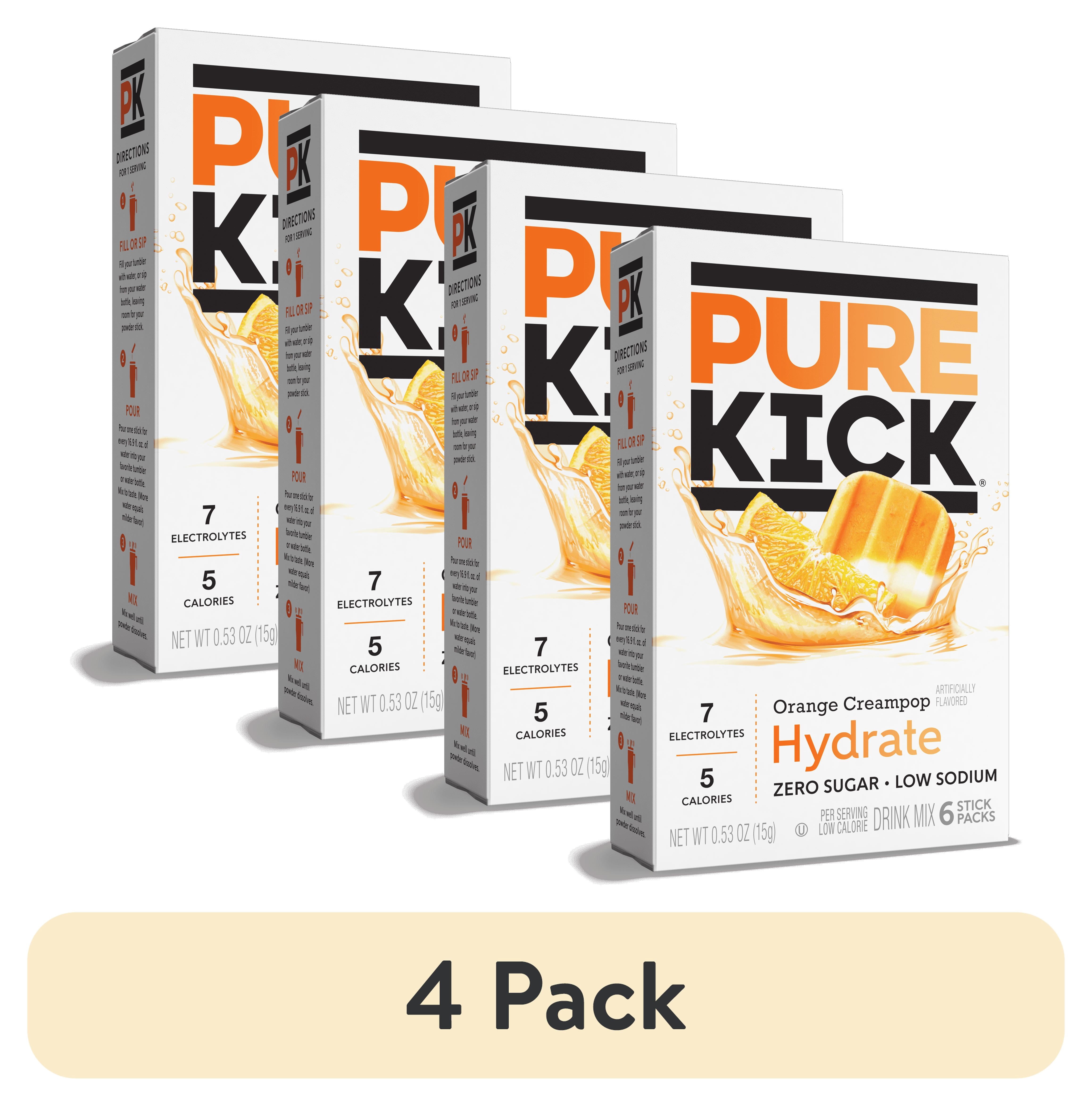 (4 pack) Pure Kick Orange Creampop, Hydration Electrolyte Powdered Drink Mix, 6 Count Packets