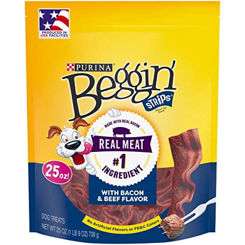 (4 pack) Purina Beggin' Strips Dog Treats with Real Bacon & Beef Flavors Tender Chews, 25 oz Pouch