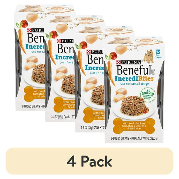 (4 pack) Purina Beneful Small Breed Wet Dog Food in Gravy, IncrediBites with Real Chicken, 3 oz Cans