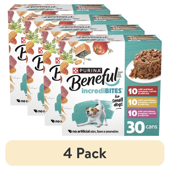 (4 pack) Purina Beneful incrediBITES Wet Dog Food with Beef, Chicken, Salmon Variety, 30-3 oz Cans, 30 Pack