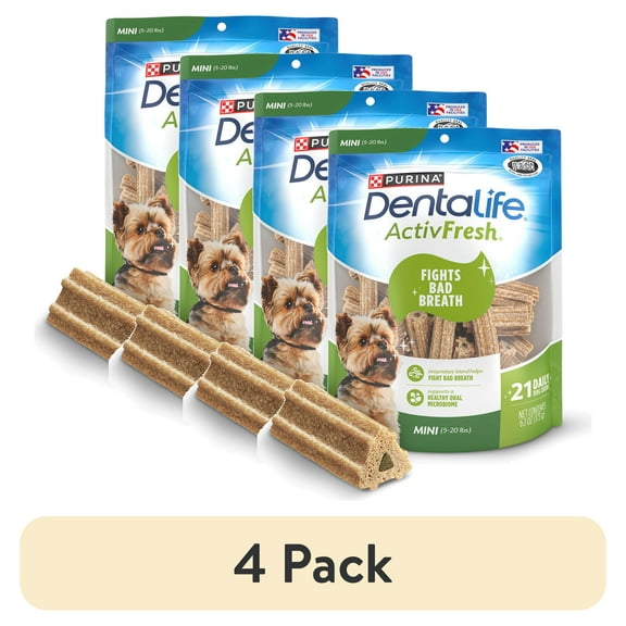 (4 pack) Purina DentaLife ActivFresh Mini Dog Treats Dental Chews with Chicken, 6.1 oz Pouch, 21 Chews