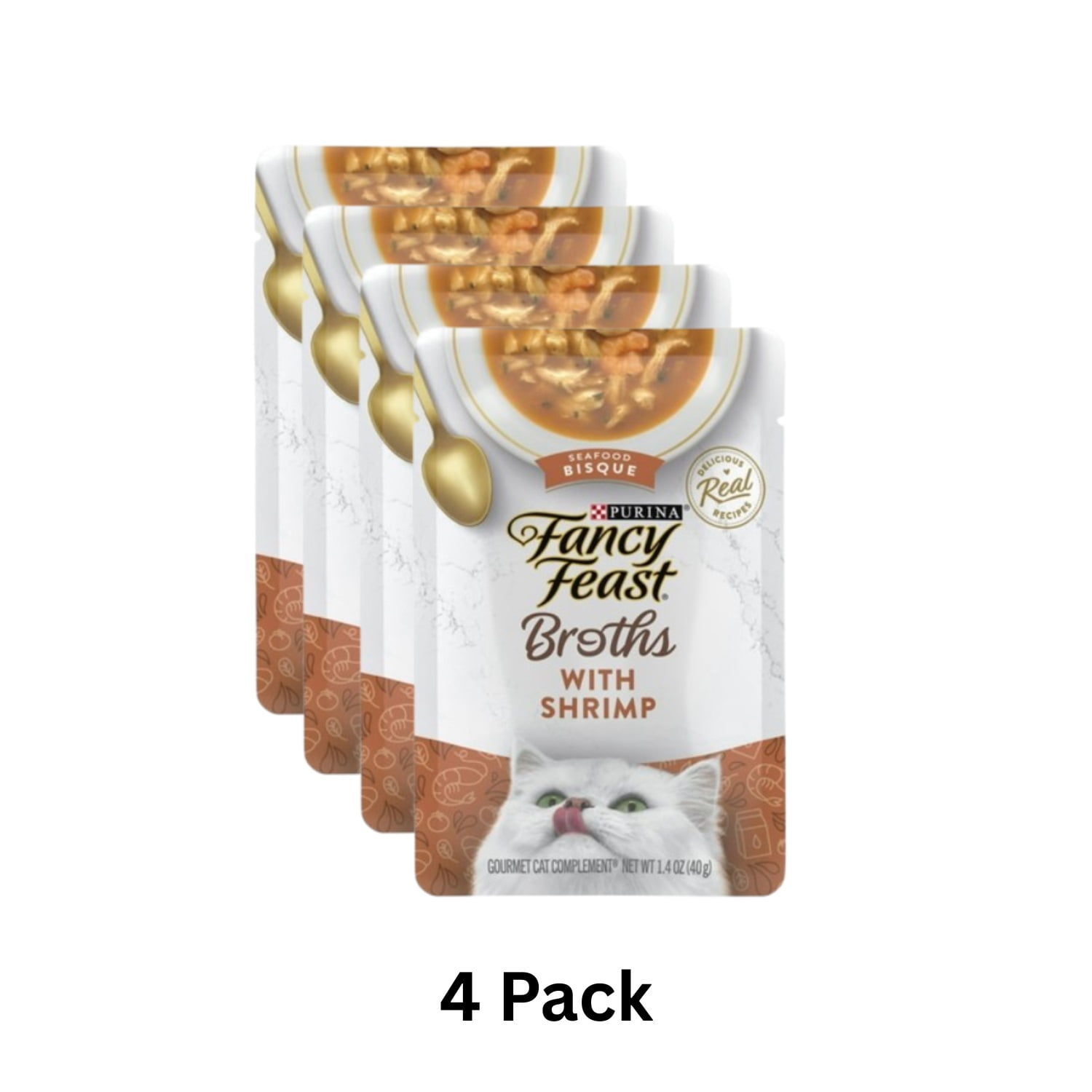 (4 pack) Purina Fancy Feast Broths Shrimp Seafood Bisque Wet Cat Food, 1.4 oz Pouch