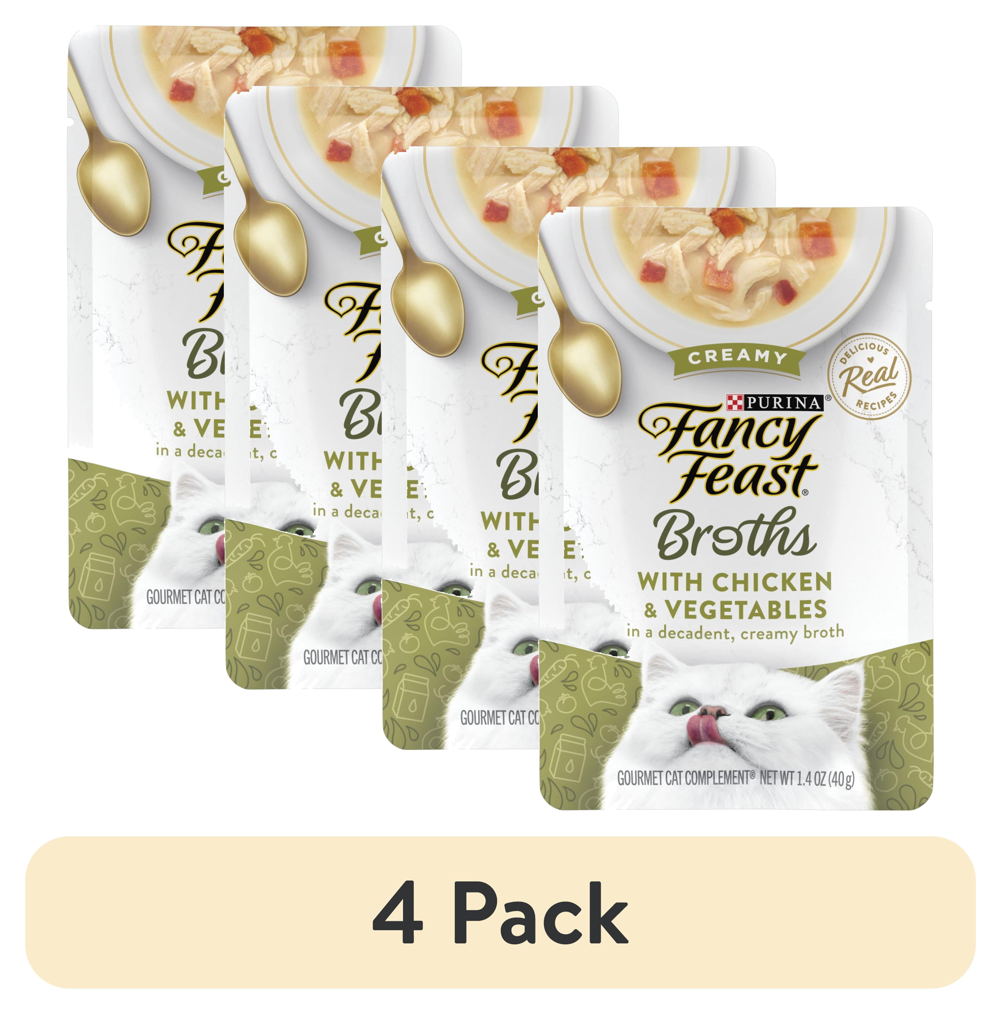 (4 pack) Purina Fancy Feast Broths, Wet Cat Food, Creamy Chicken & Veggies, 1.4 oz Pouch