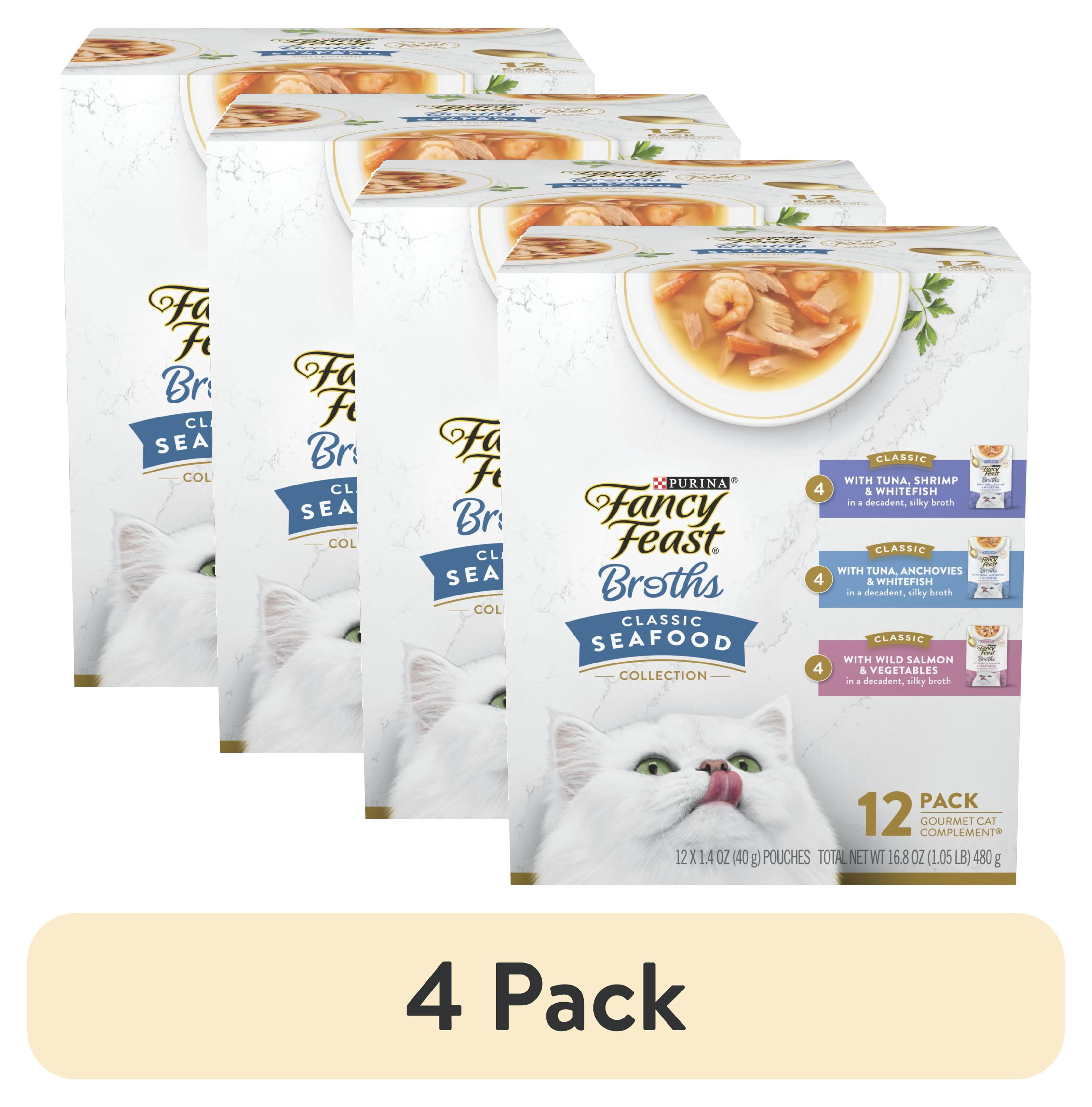 (4 pack) Purina Fancy Feast Classic Seafood Collection Broth for Cats Variety Pack, 1.4 oz Pouches (12 Pack)