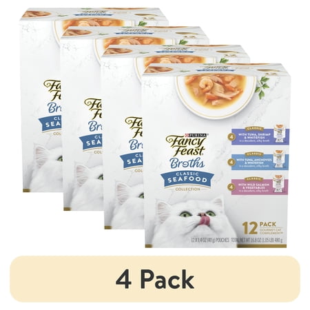 (4 pack) Purina Fancy Feast Classic Seafood Collection Broth for Cats Variety Pack, 1.4 oz Pouches (12 Pack)