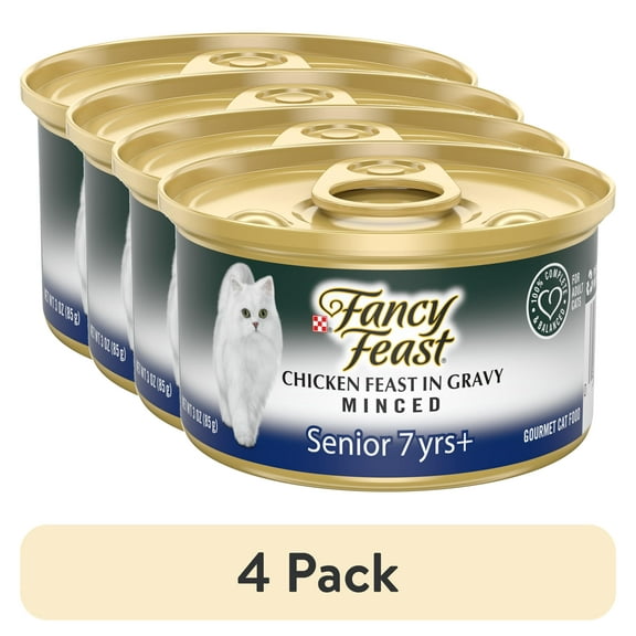 (4 pack) Purina Fancy Feast Senior Classic Pate Wet Cat Food, Minced Chicken in Gravy, 3 oz Cans
