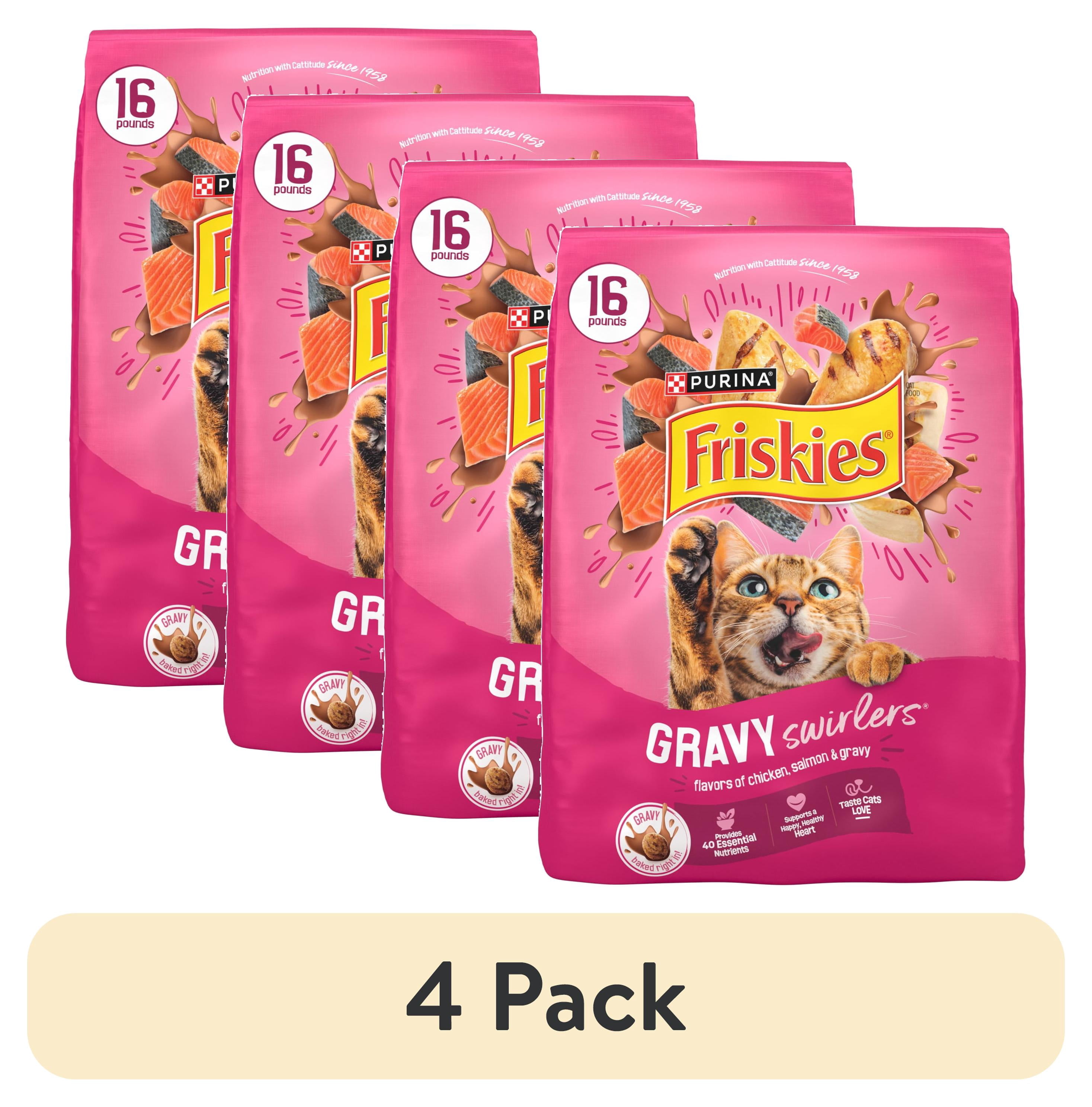 (4 pack) Purina Friskies Dry Cat Food Gravy Swirl'd with Flavors of Chicken, Salmon and Gravy Dry Cat Food, 16 lb Bag