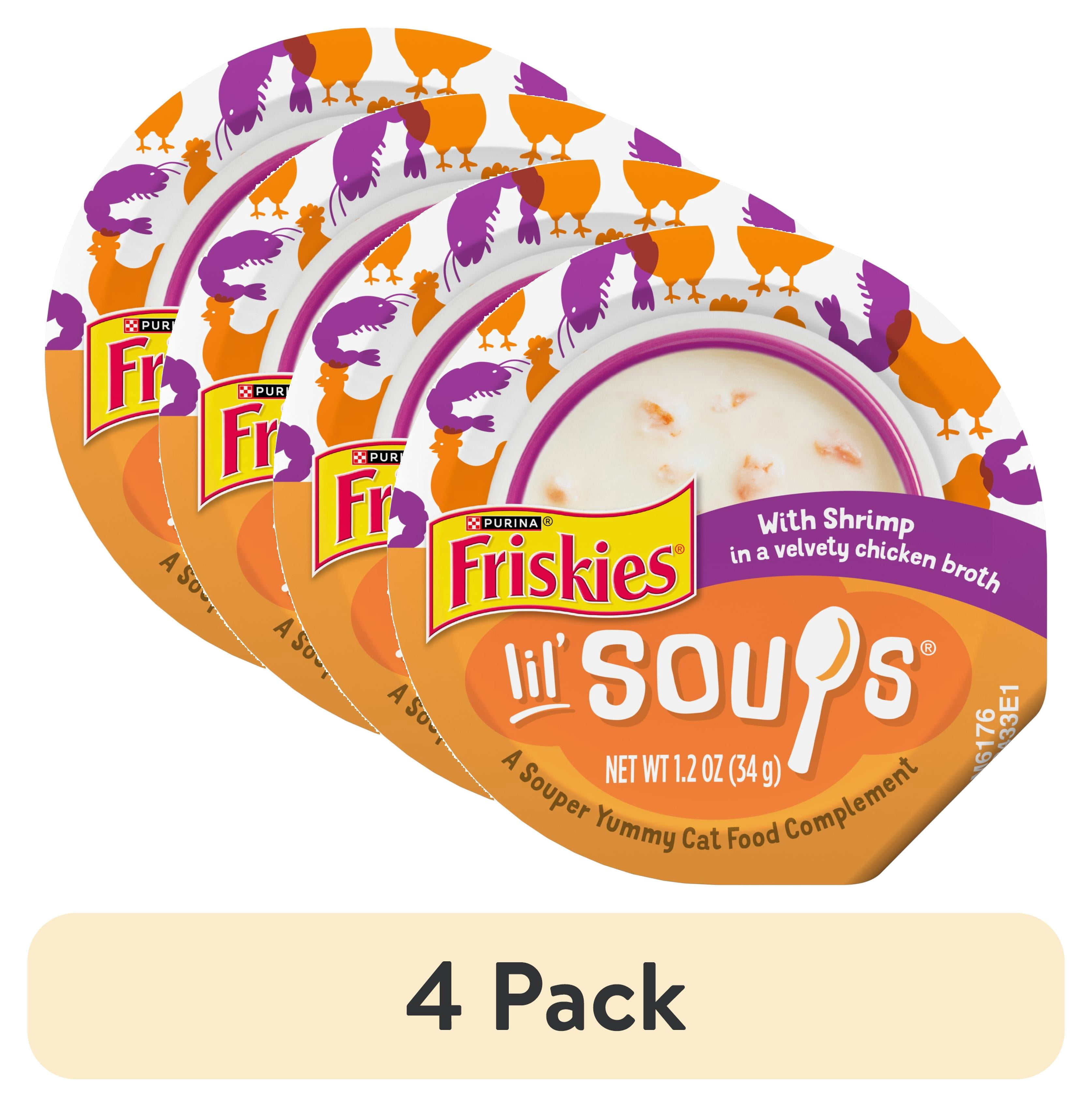 (4 pack) Purina Friskies Grain Free Lickable Cat Food Toppers Lil’ Soups with Shrimp in a Velvety Chicken Broth, 1.2 oz Cups
