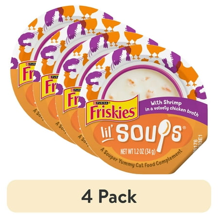 (4 pack) Purina Friskies Grain Free Lickable Cat Food Toppers Lil’ Soups with Shrimp in a Velvety Chicken Broth, 1.2 oz Cups