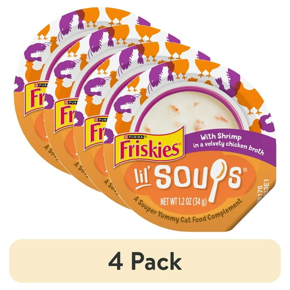 (4 pack) Purina Friskies Grain Free Lickable Cat Food Toppers Lil’ Soups with Shrimp in a Velvety Chicken Broth, 1.2 oz Cups