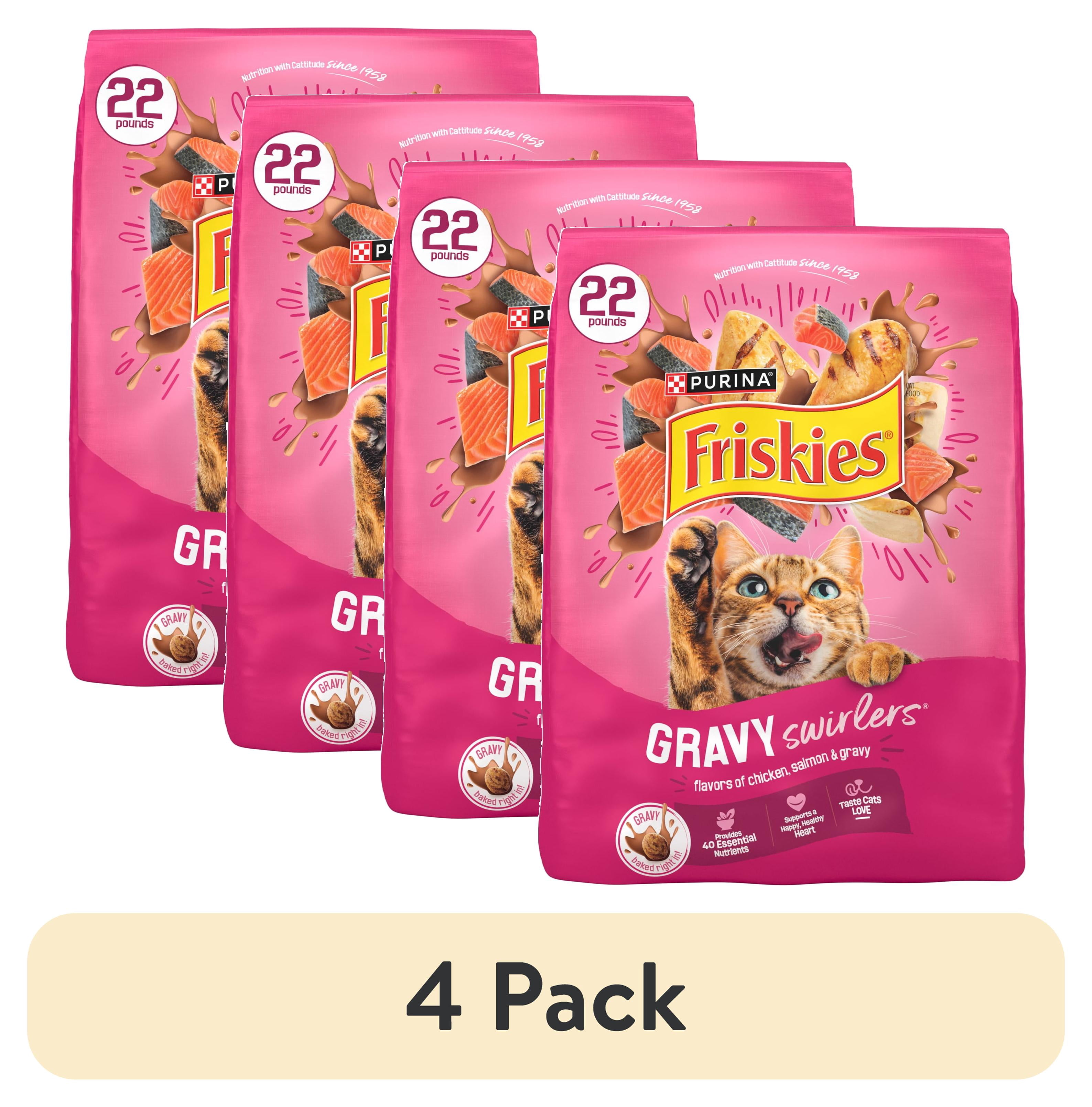 (4 pack) Purina Friskies Gravy Swirlers Dry Cat Food Flavors of Chicken, Salmon and Gravy, 22 lb Bag