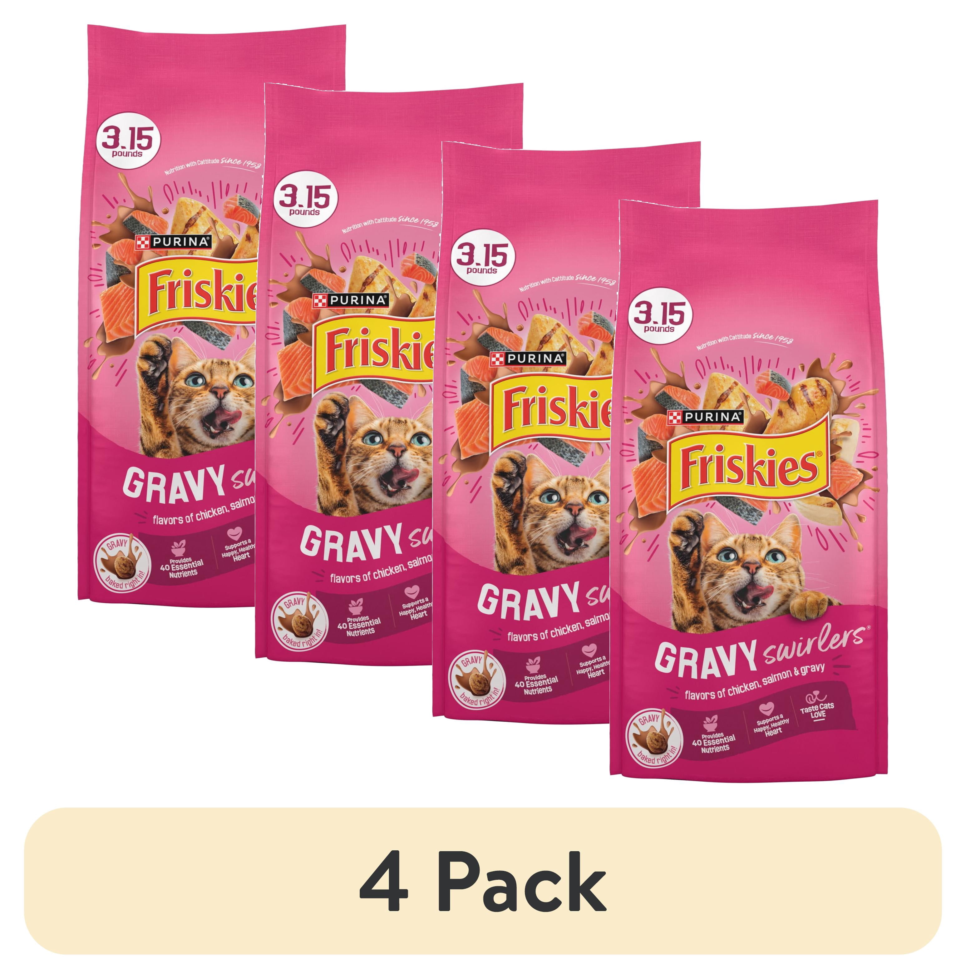 (4 pack) Purina Friskies Gravy Swirlers Dry Cat Food Flavors of Chicken, Salmon and Gravy, 3.15 lb Bag, 4 Pack