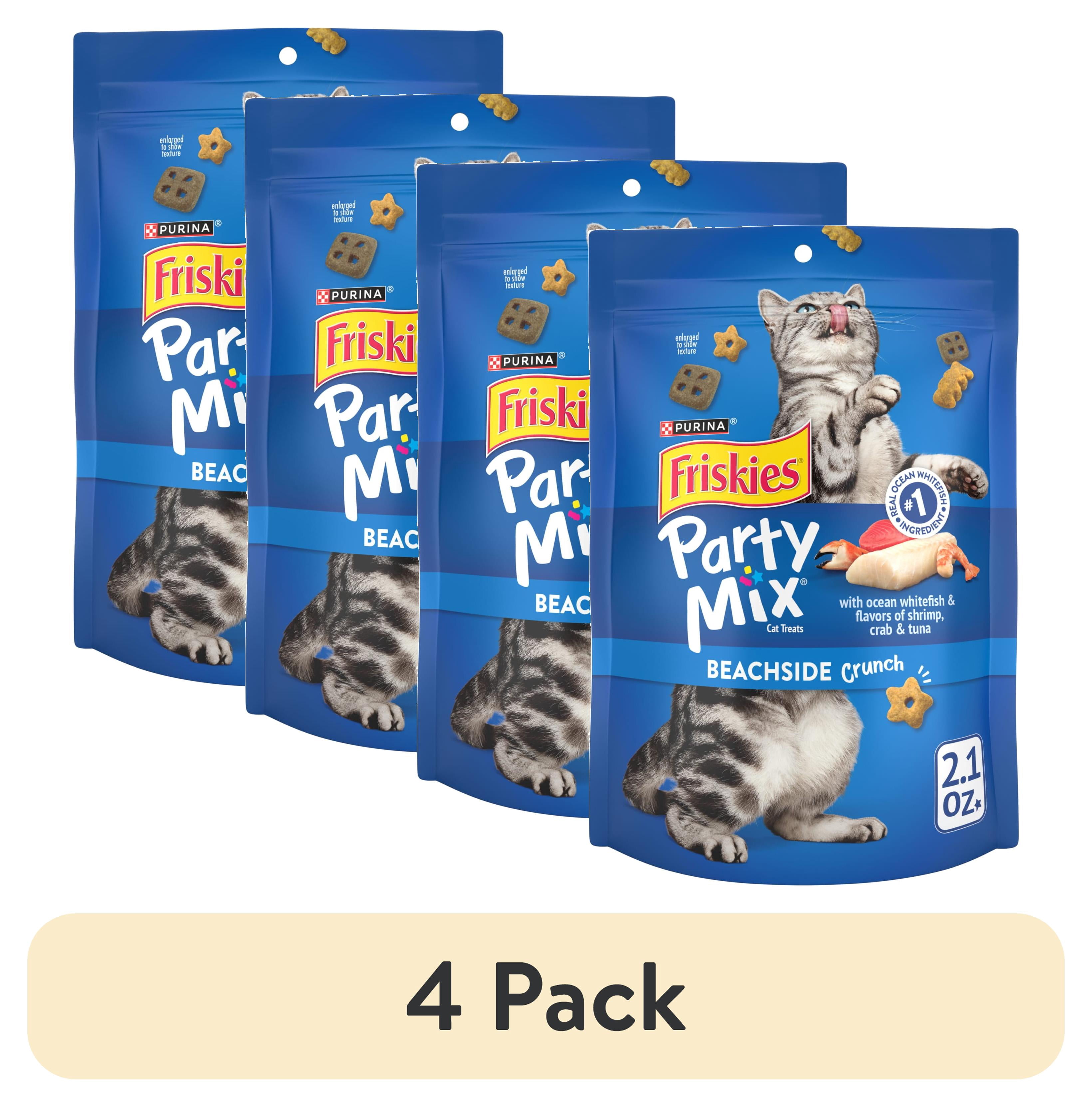 (4 pack) Purina Friskies Party Mix Beachside Crunch, Cat Treats, Shrimp, Crab, & Tuna, 2.1 oz Bag
