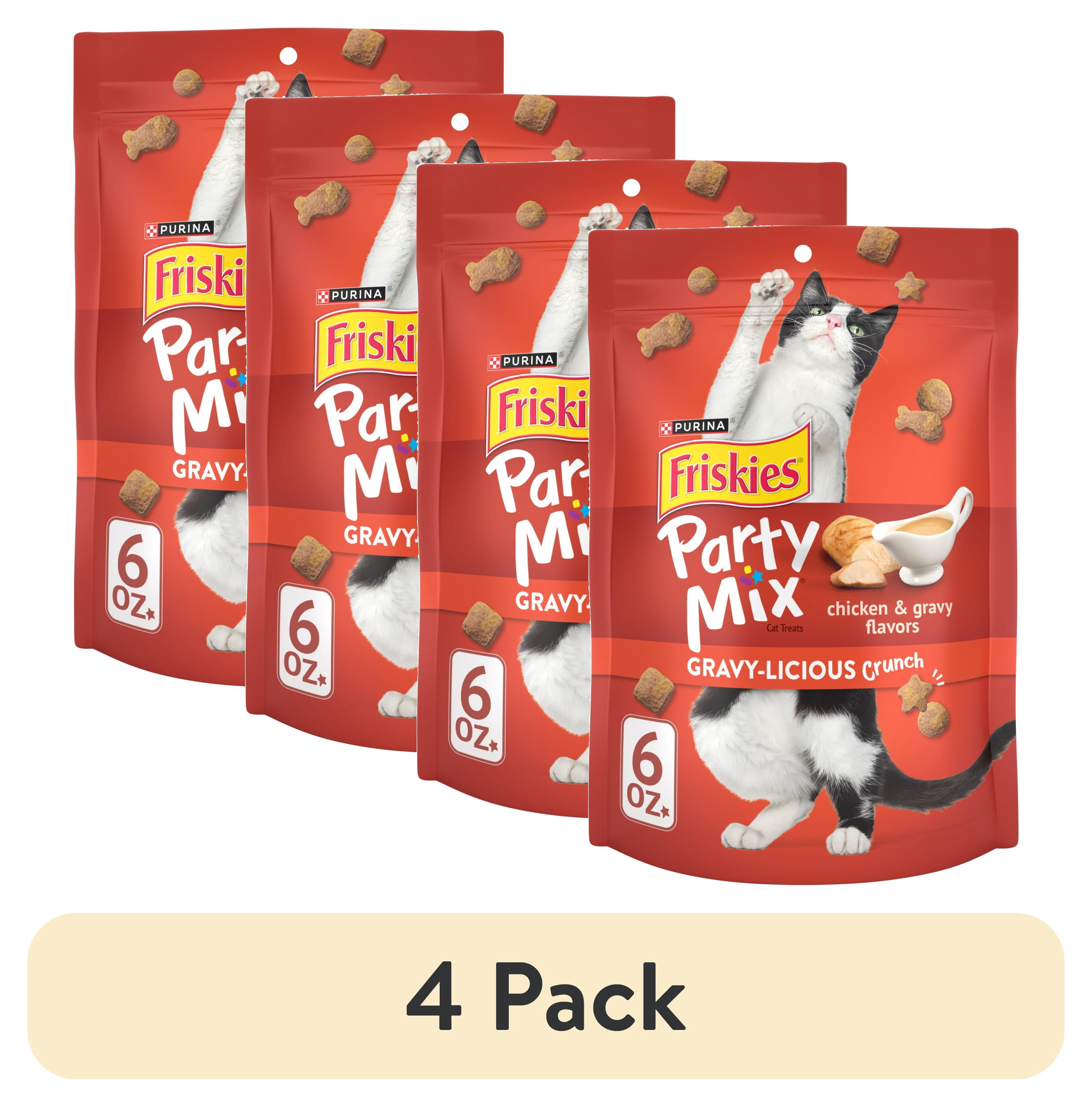 (4 pack) Purina Friskies Party Mix Gravy-licious, Cat Treats, Chicken & Gravy, 6 oz Bag
