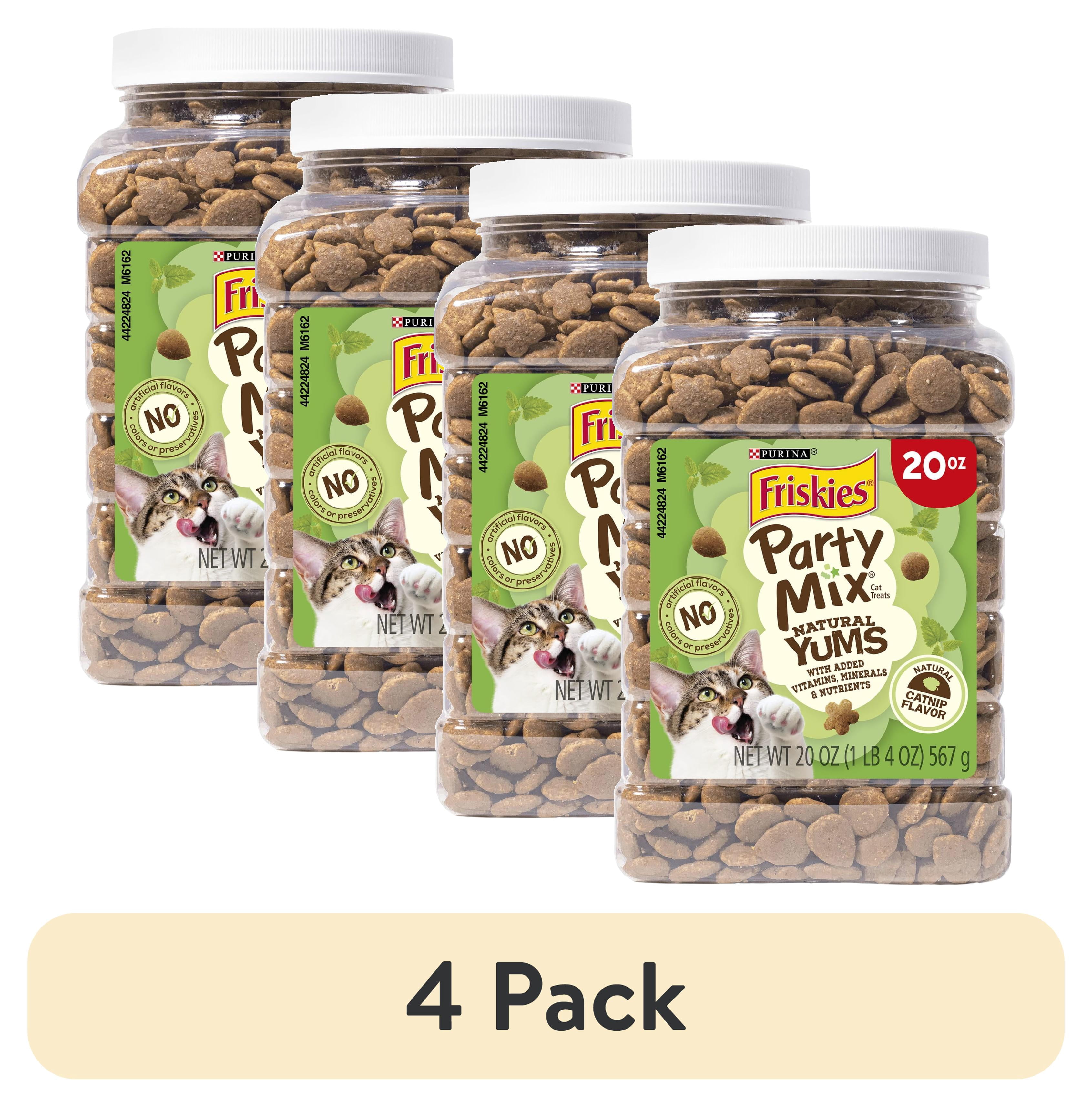 (4 pack) Purina Friskies Party Mix Natural Cat Treats, Natural Yums Catnip Flavor, 20 oz Canister, 3 Pack