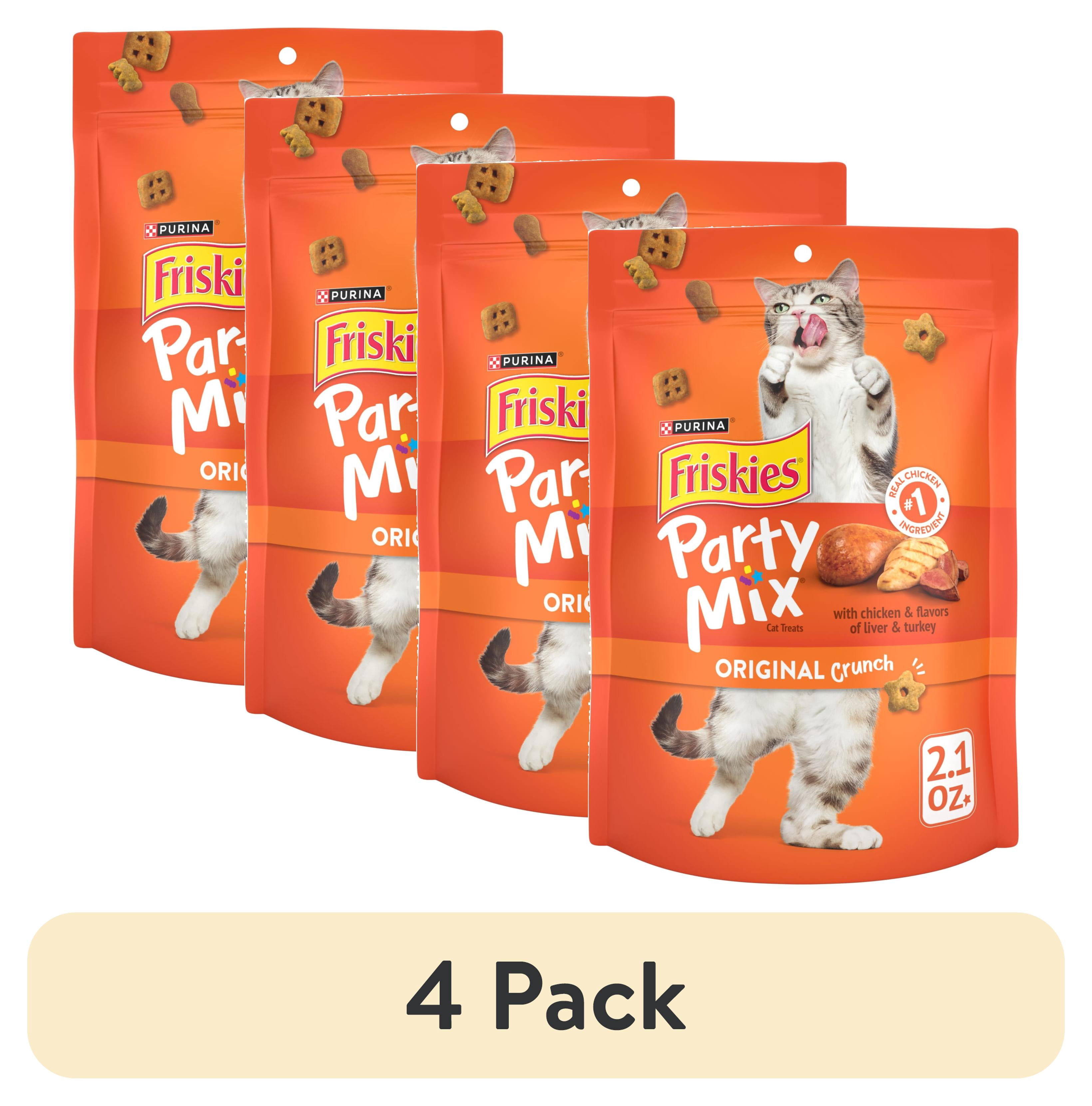 (4 pack) Purina Friskies Party Mix Original Crunch, Cat Treats, Chicken, Liver, & Turkey, 2.1 oz Bag