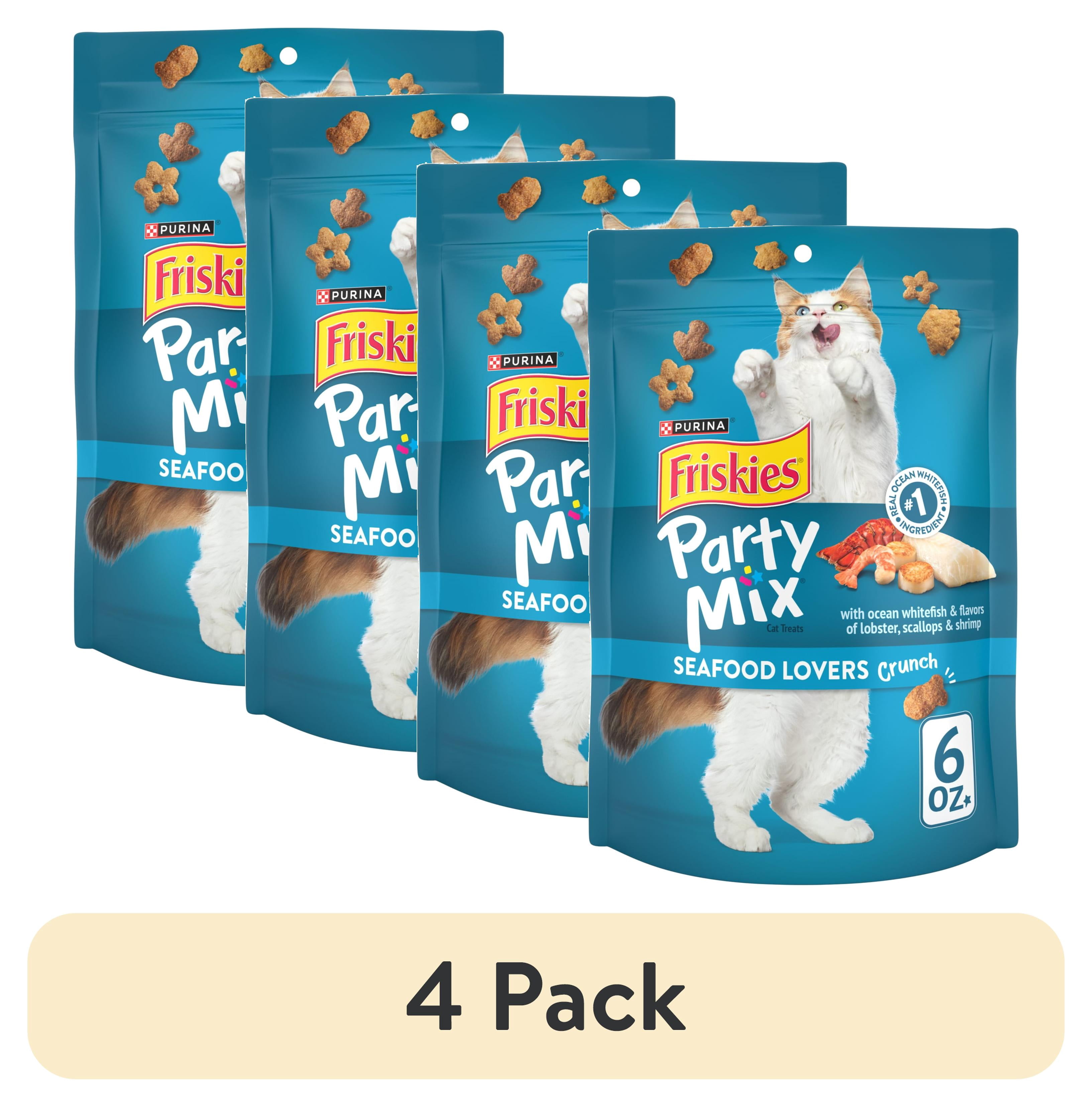 (4 pack) Purina Friskies Party Mix Seafood Lovers Crunch, Cat Treats, Scallop, Lobster, & Shrimp, 6 oz Bag