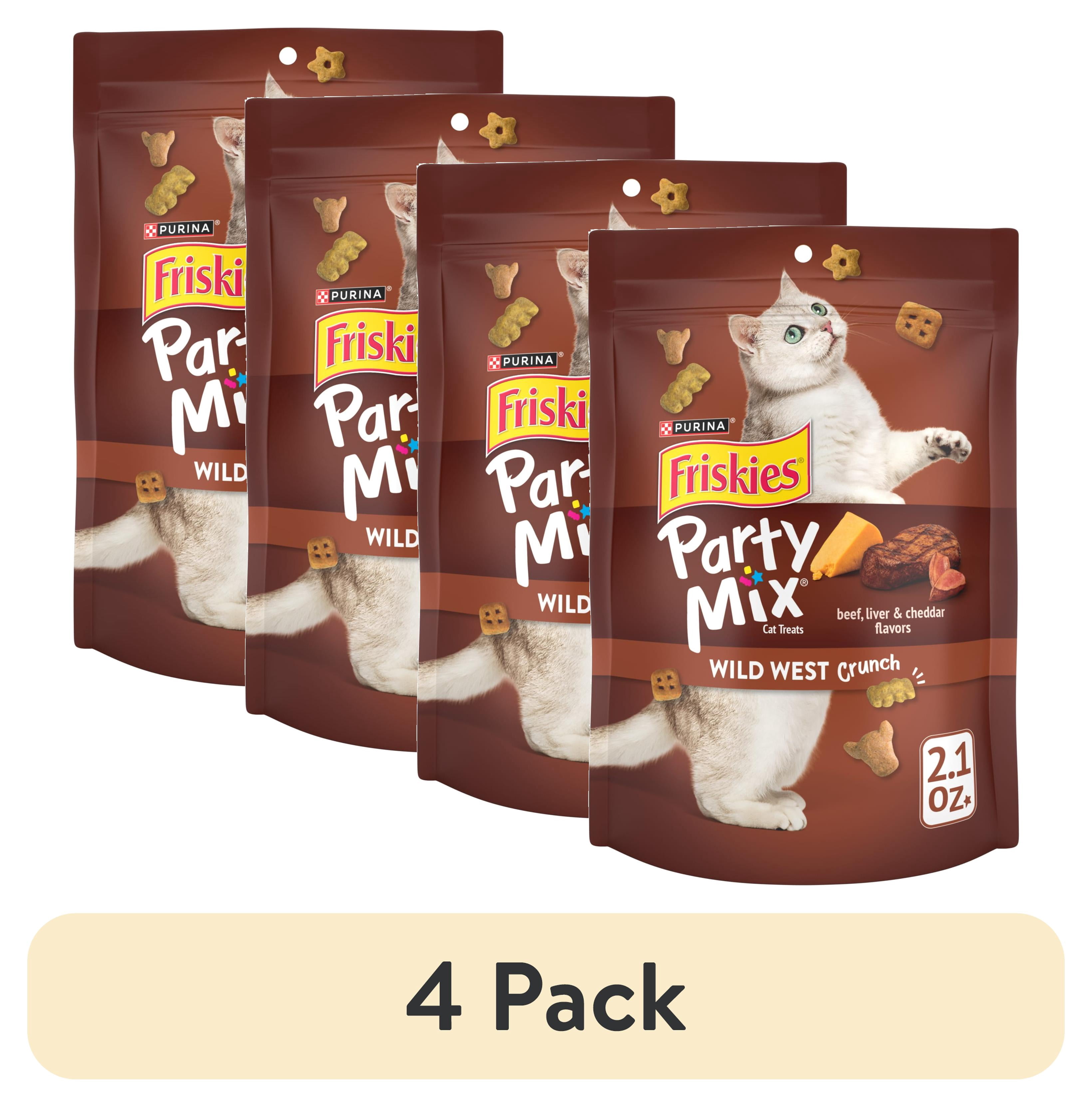(4 pack) Purina Friskies Party Mix Wild West Crunch Cat Treats, Beef, Liver, & Cheddar, 2.1 oz Bag