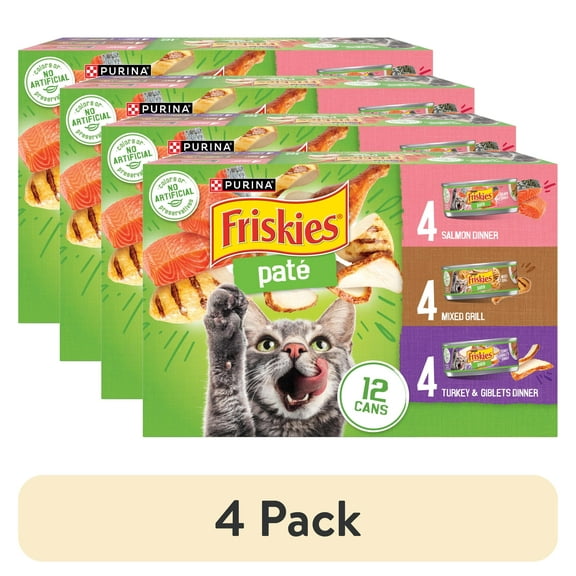 (4 pack) Purina Friskies Pate Salmon, Turkey, and Mixed Grilled, Wet Cat Food, 5.5 oz Can, 12 Pack