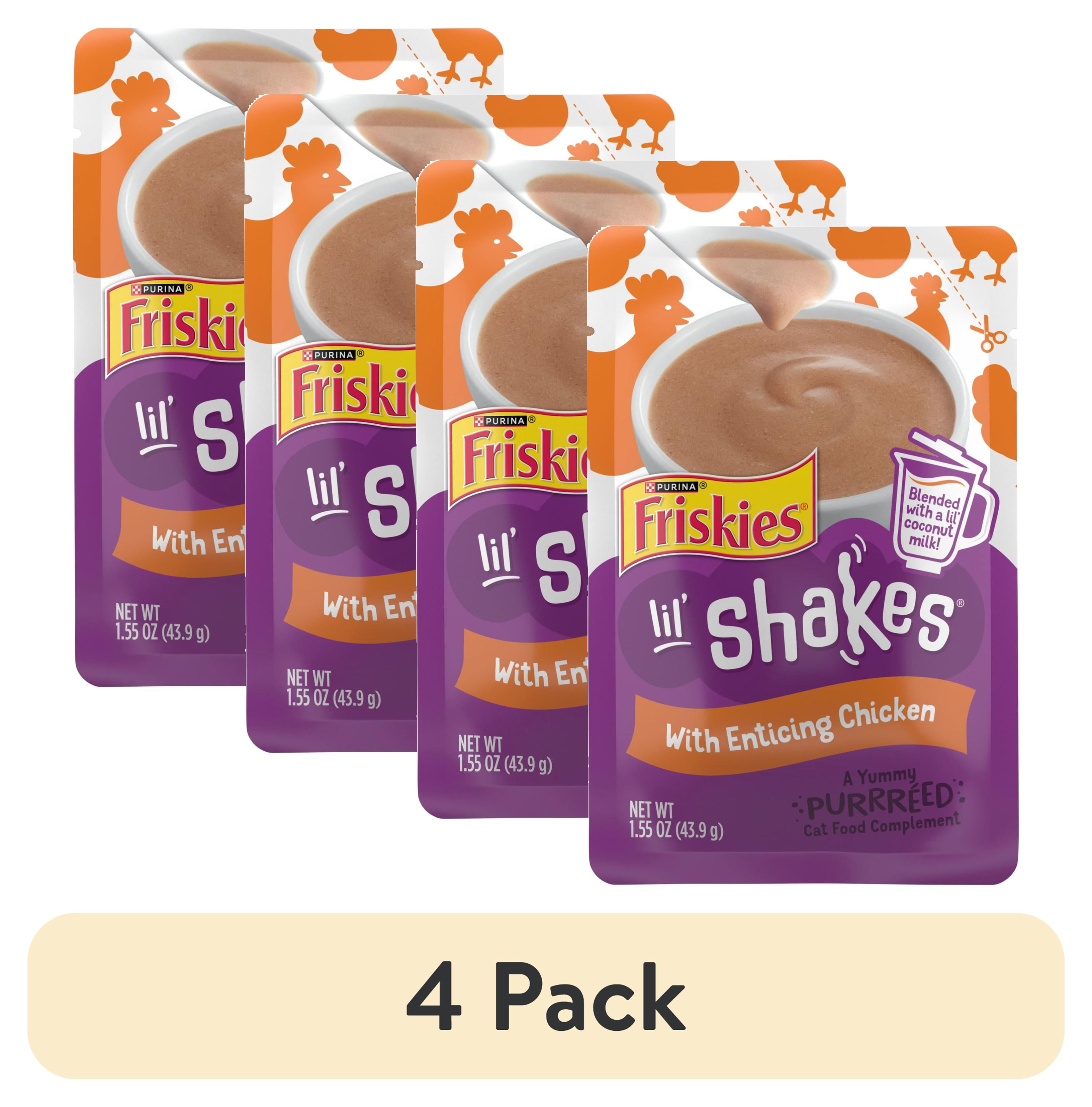 (4 pack) Purina Friskies Pureed Cat Food Toppers, Lil’ Shakes with Enticing Chicken Lickable Cat Treats, 1.55 oz Pouch