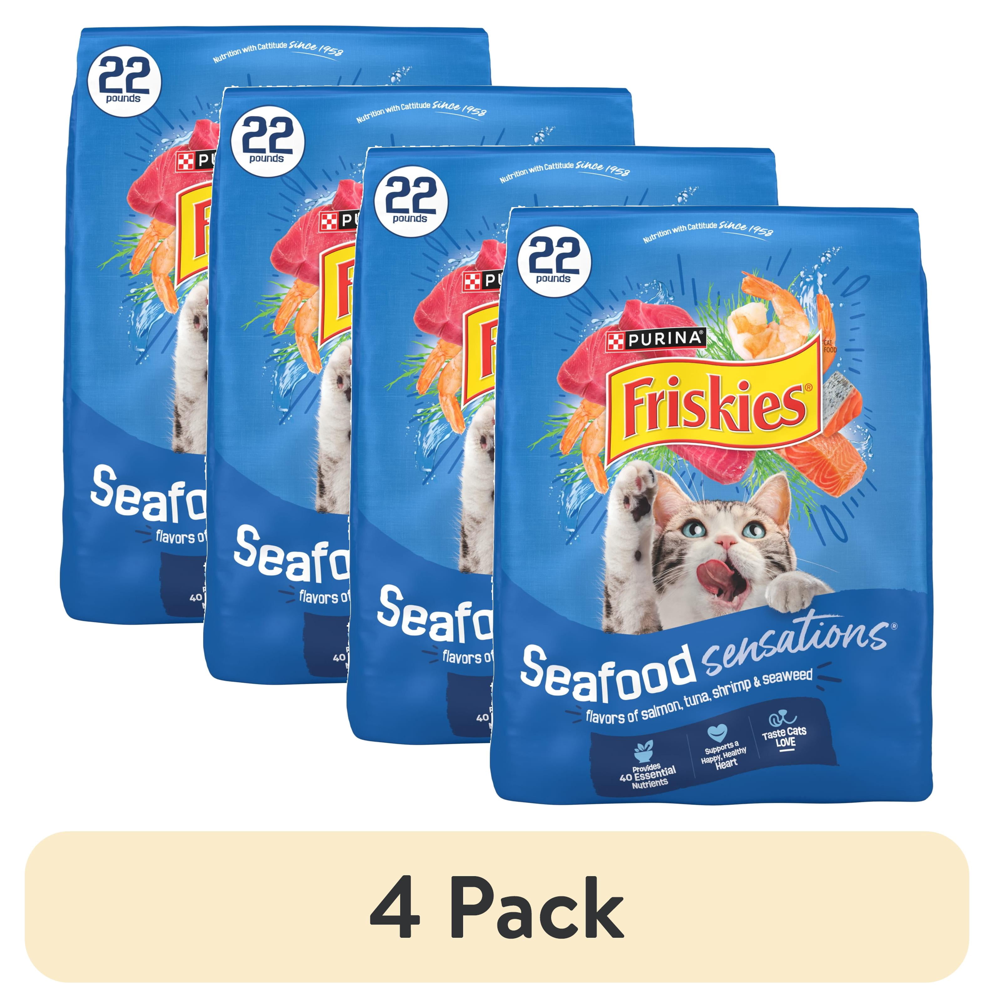 (4 pack) Purina Friskies Seafood Sensations Dry Cat Food Flavors of Salmon, Tuna, Shrimp and Seaweed, 22 lb Bag
